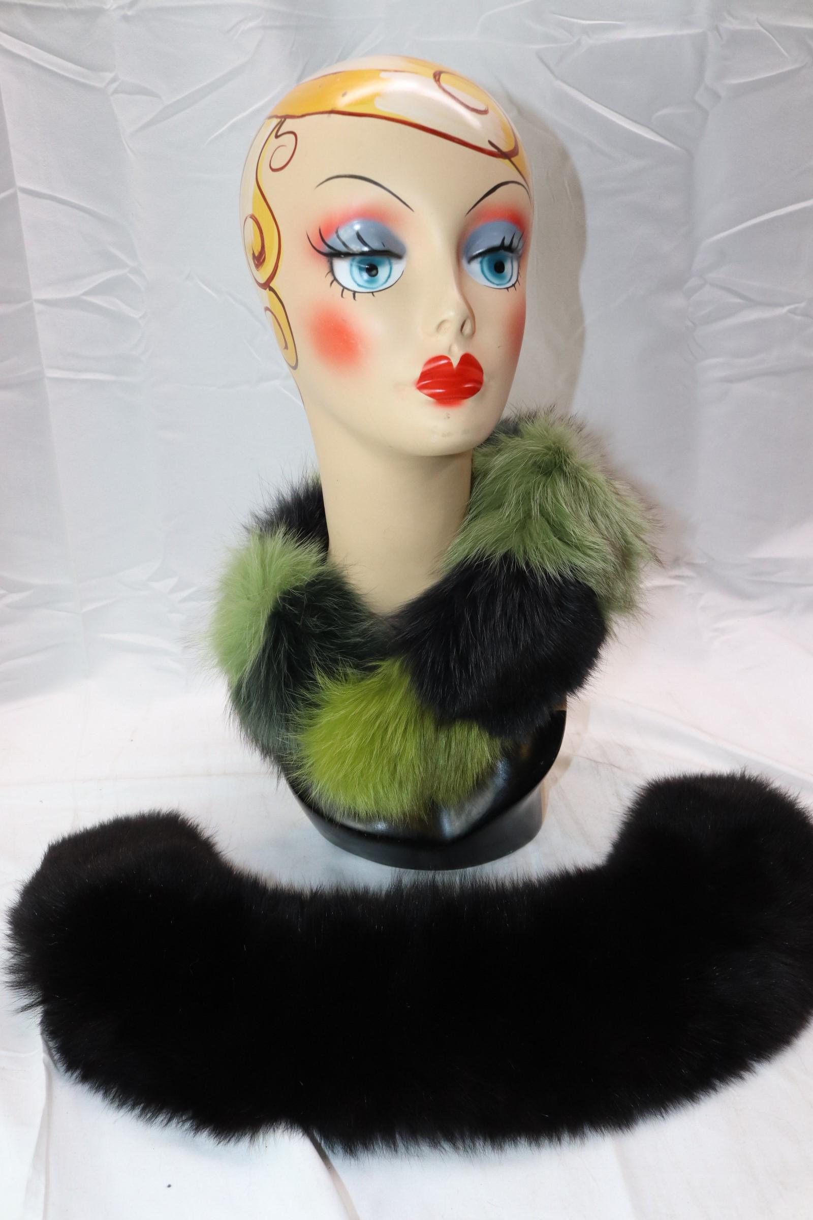 Lot of 2 Vintage Faux Fur Collars: green striped by Bergdorf Goodman, approx.28", Black by Collection Fifty Nine Bloomingdales, approx.23", good condition, see photos.
