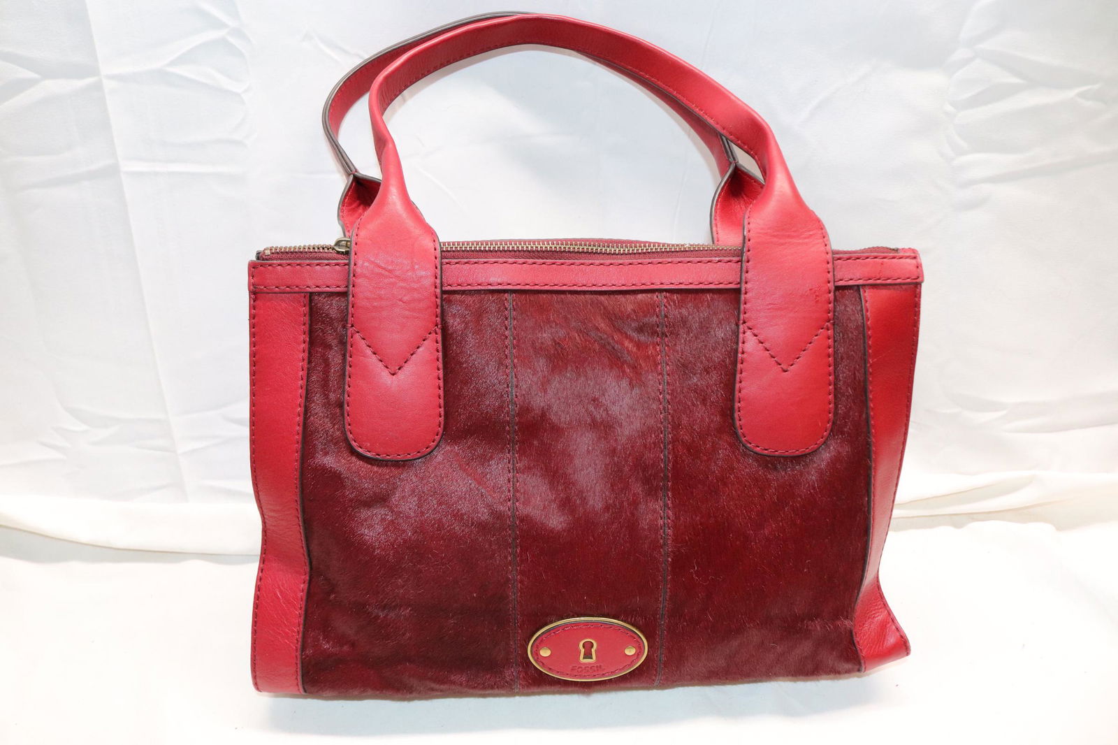 Vintage Fossil Red Leather & Pony Skin Handbag: good condition, see photos.