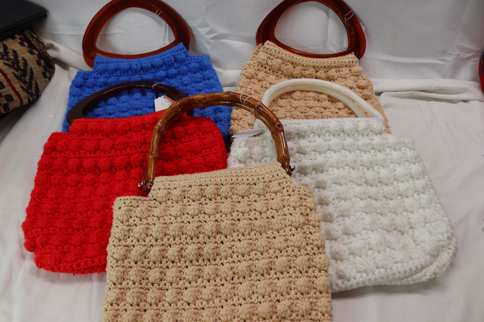 Lot of 5 Crochet Bermuda Bags: Lucite & wooden Handles, good condition, see photos.