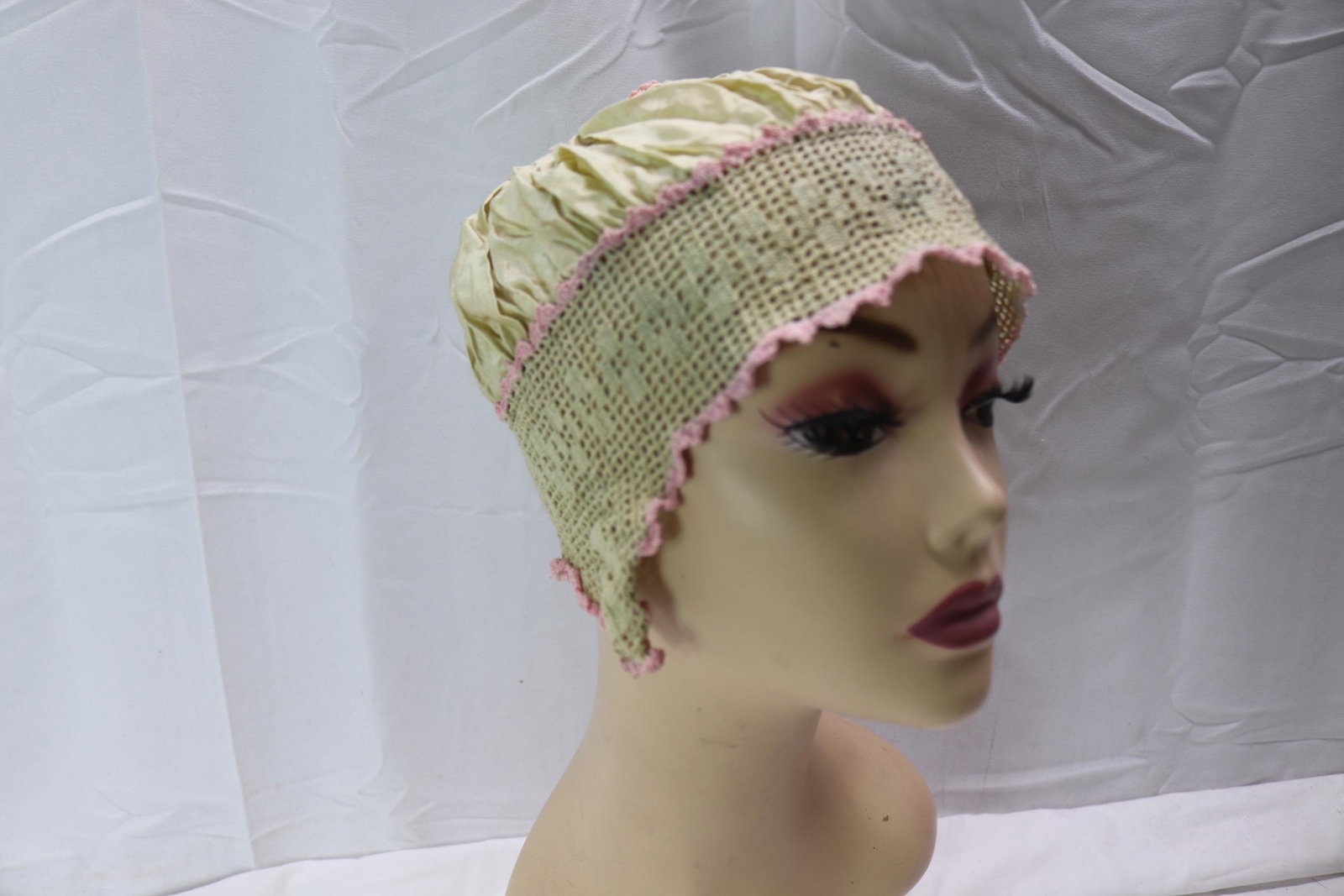 Antique Edwardian Crochet & Silk Nightcap: good antique condition, see photos.