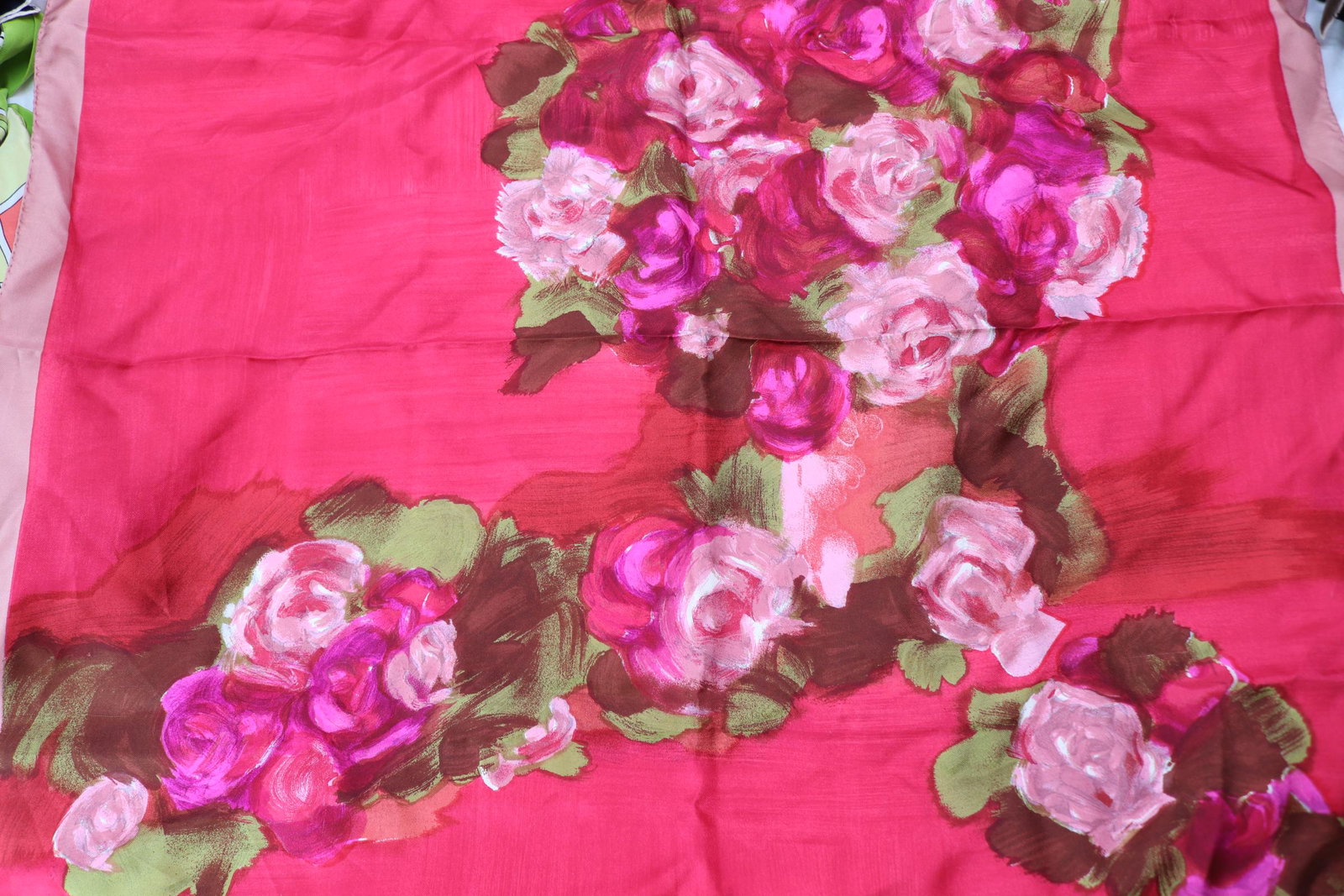 Vintage 1950's Jean Desses Paris Watercolor Rose Silk Scarf: approx. 30x30, good condition, see photos.