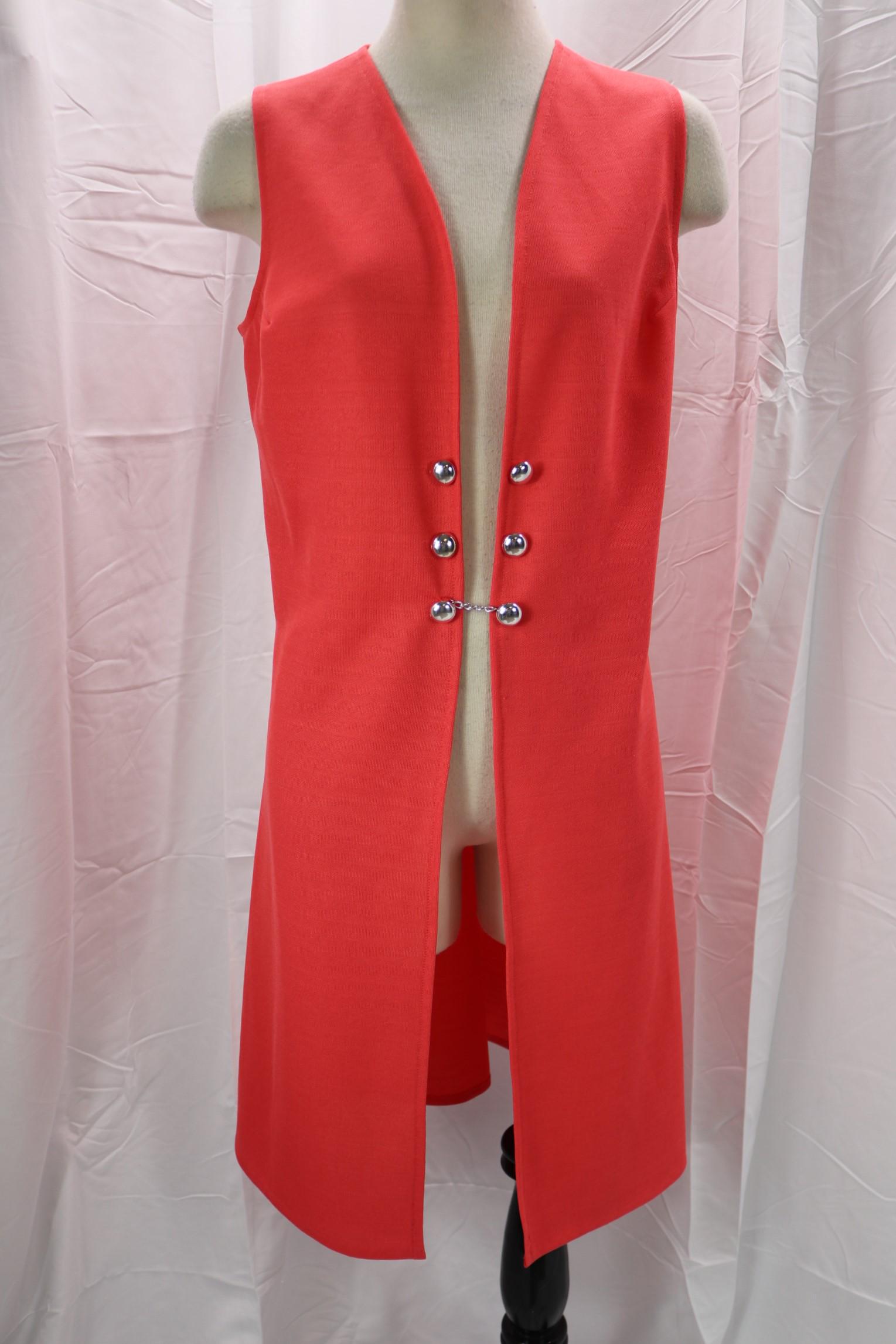 Vintage 1970's Julia Joy Long Pink Vest: made in England, open front with hook and button closure, pink poly blend, Approx. 34" Bust/Waist, Good Condition.