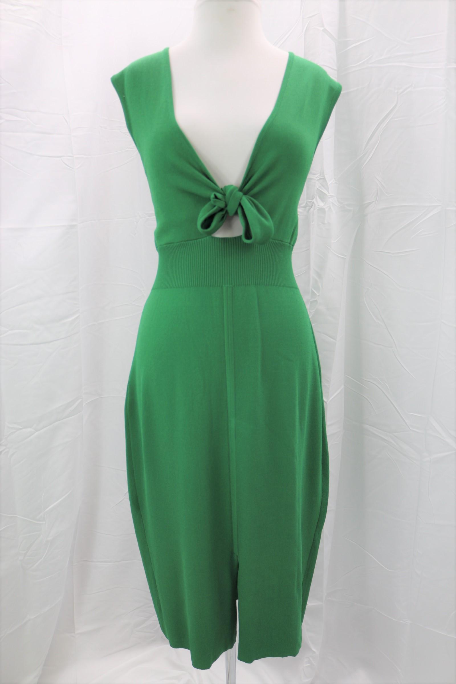 Vintage 1970's/80's Green Knit Sheath Dress: tie front bodice, approx. 38 bust, 34 waist, has some stretch, a couple small holes, see photos.