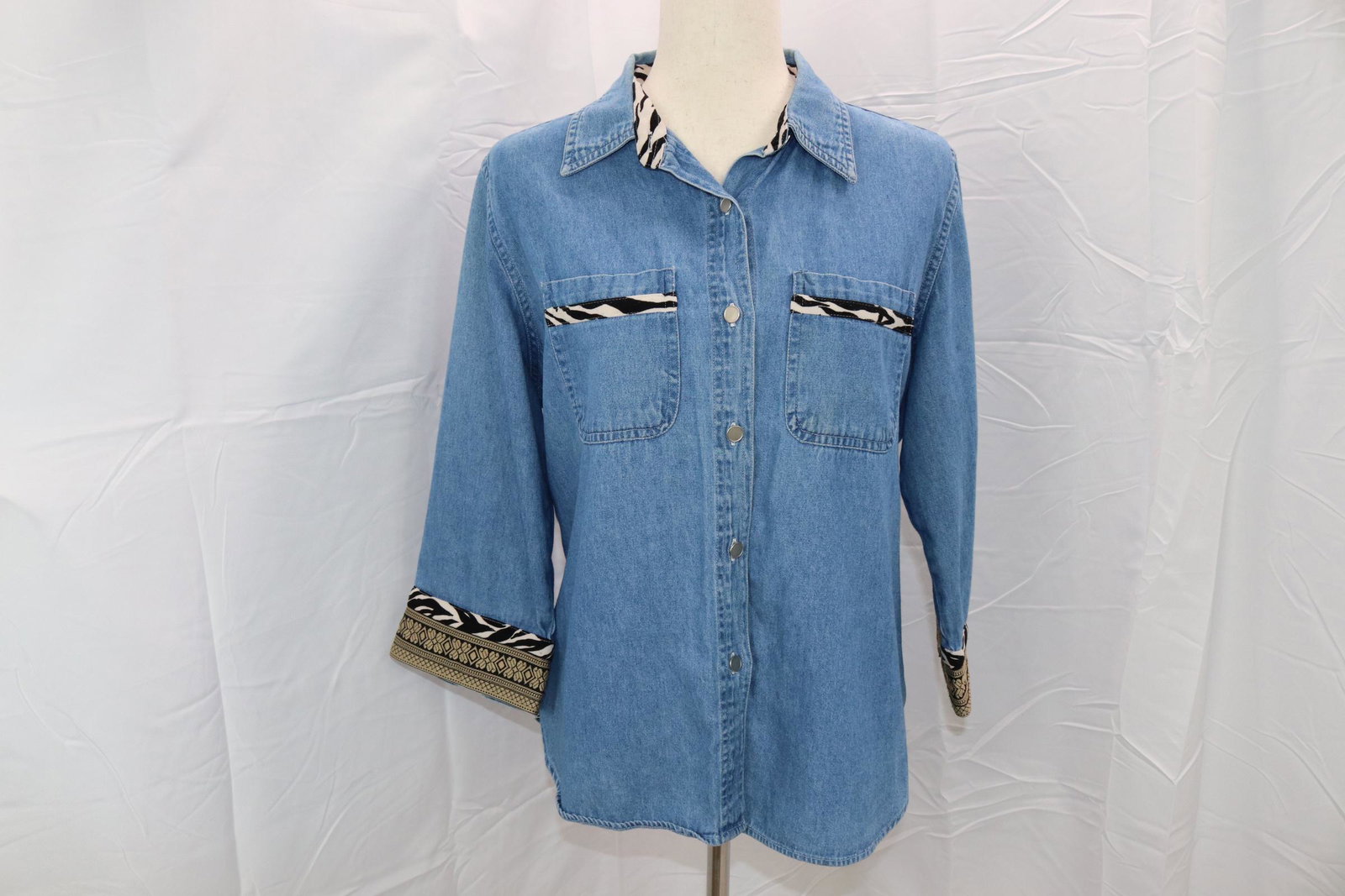 Vintage 1980's/90's Quizz Again denim Shirt With Zebra Print Trim: approx. 42 bust, 40 waist, some stains and yellowing on inside of neck, see photos.
