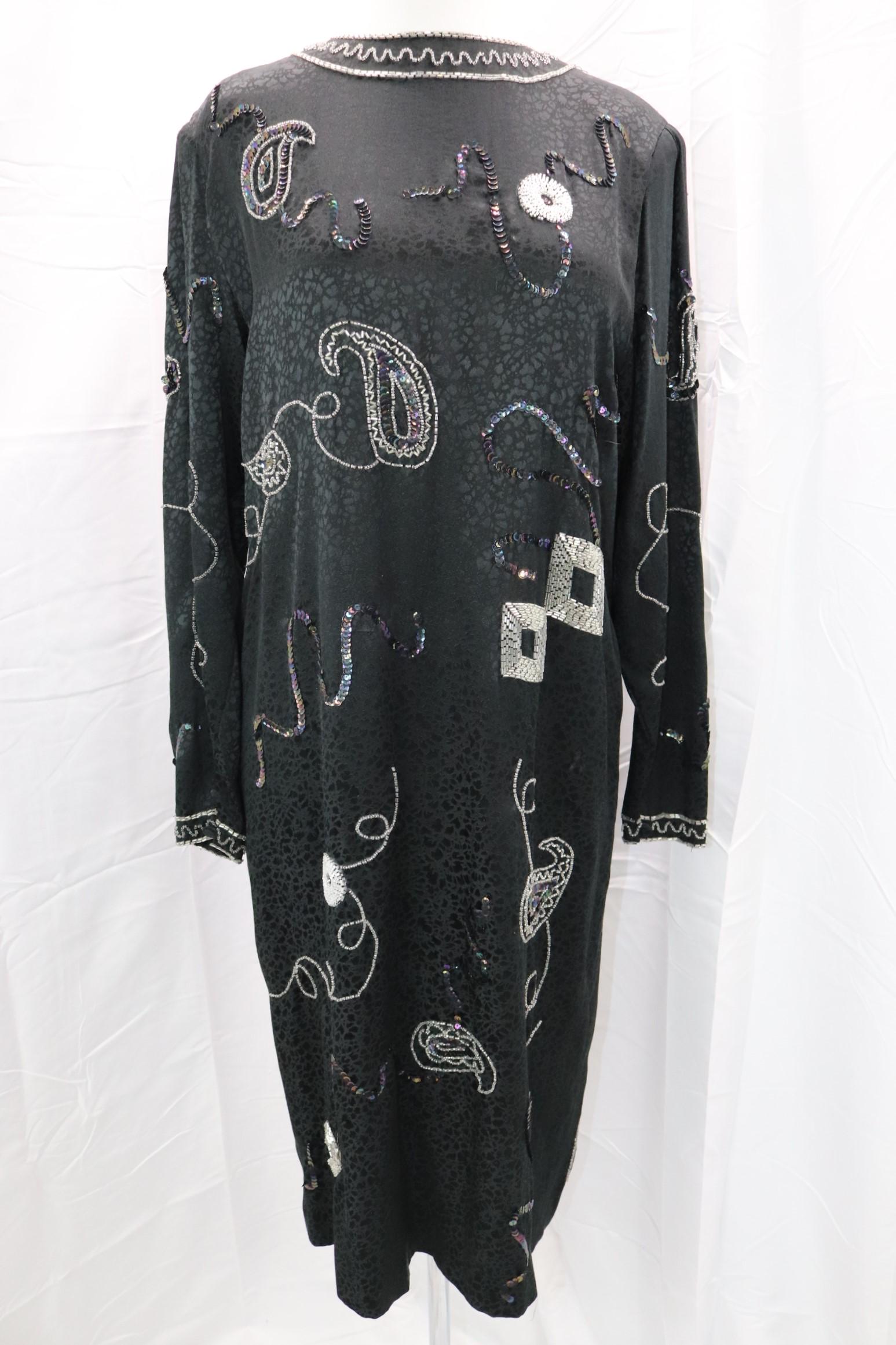 Vintage 1980's Lauren Alexandra Silk Dress With Geometric Sequins & Beading: approx. 40 bust, 36 waist, some beading may be loose or missing, see photos.