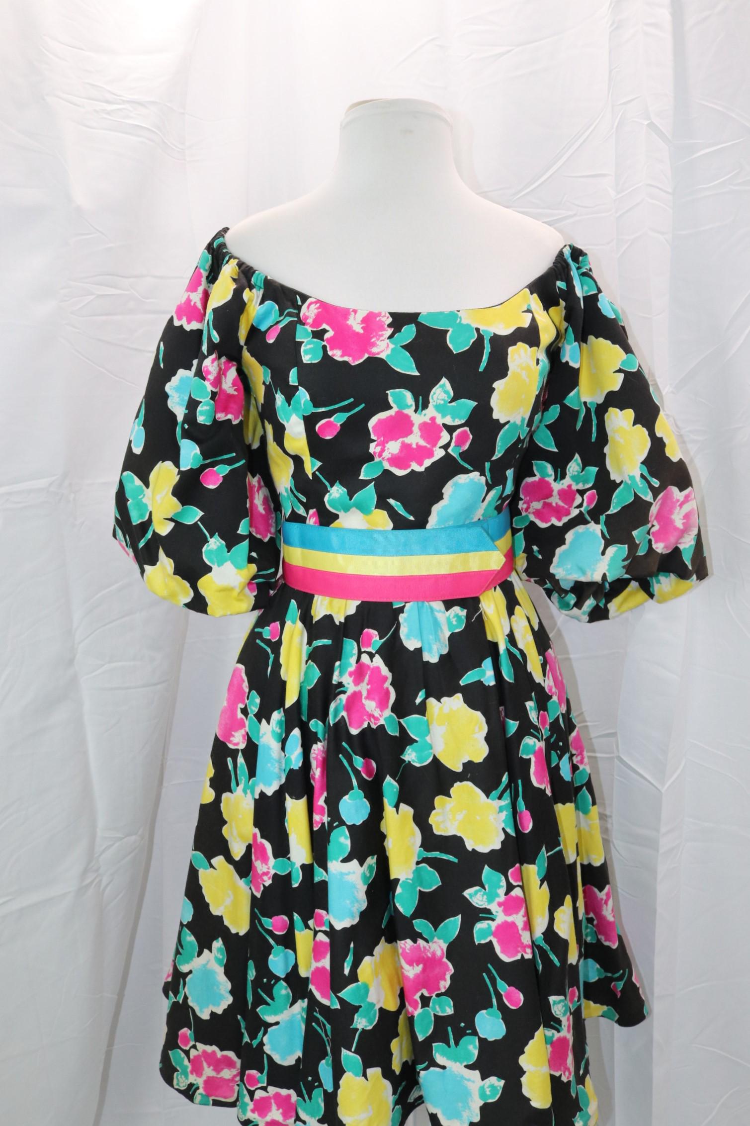 Vintage 1980's Victor Costa Floral Pouf Sleeve Party Dress: with matching belt, approx. 34 bust, 28 waist, fading on sleeves, see photos.