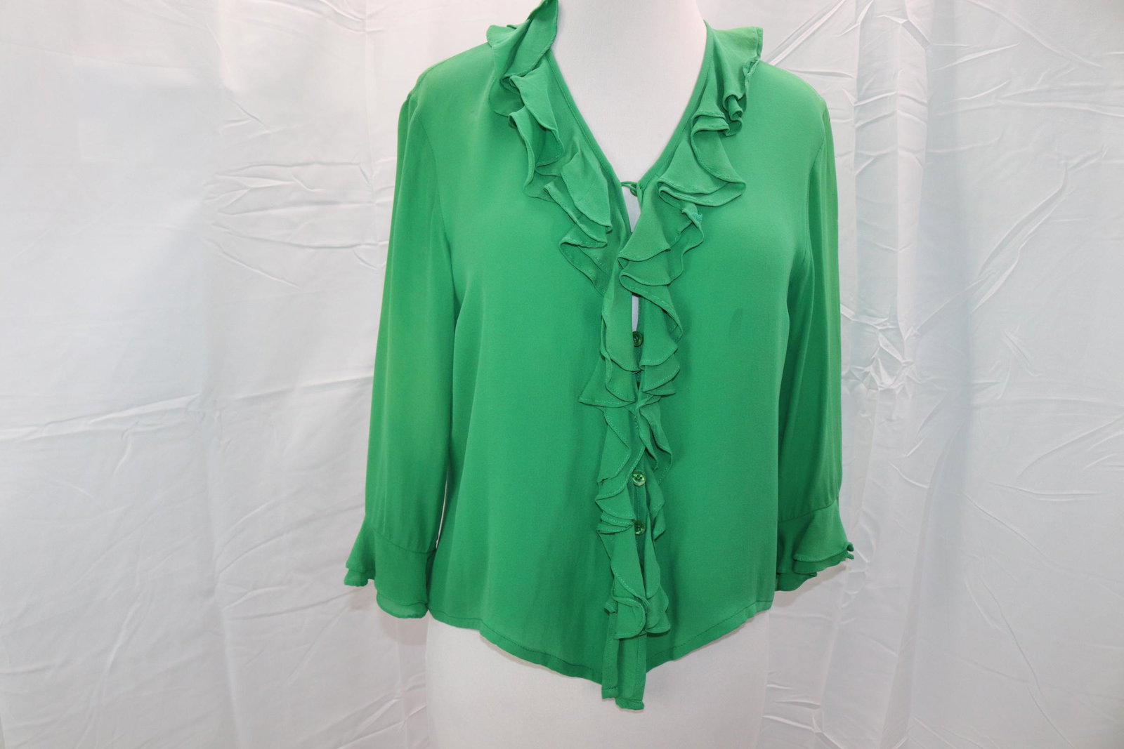 Vintage Neiman Marcus Ruffle Front Blouse: approx. 40 bust/waist, some small holes and stains, see photos.