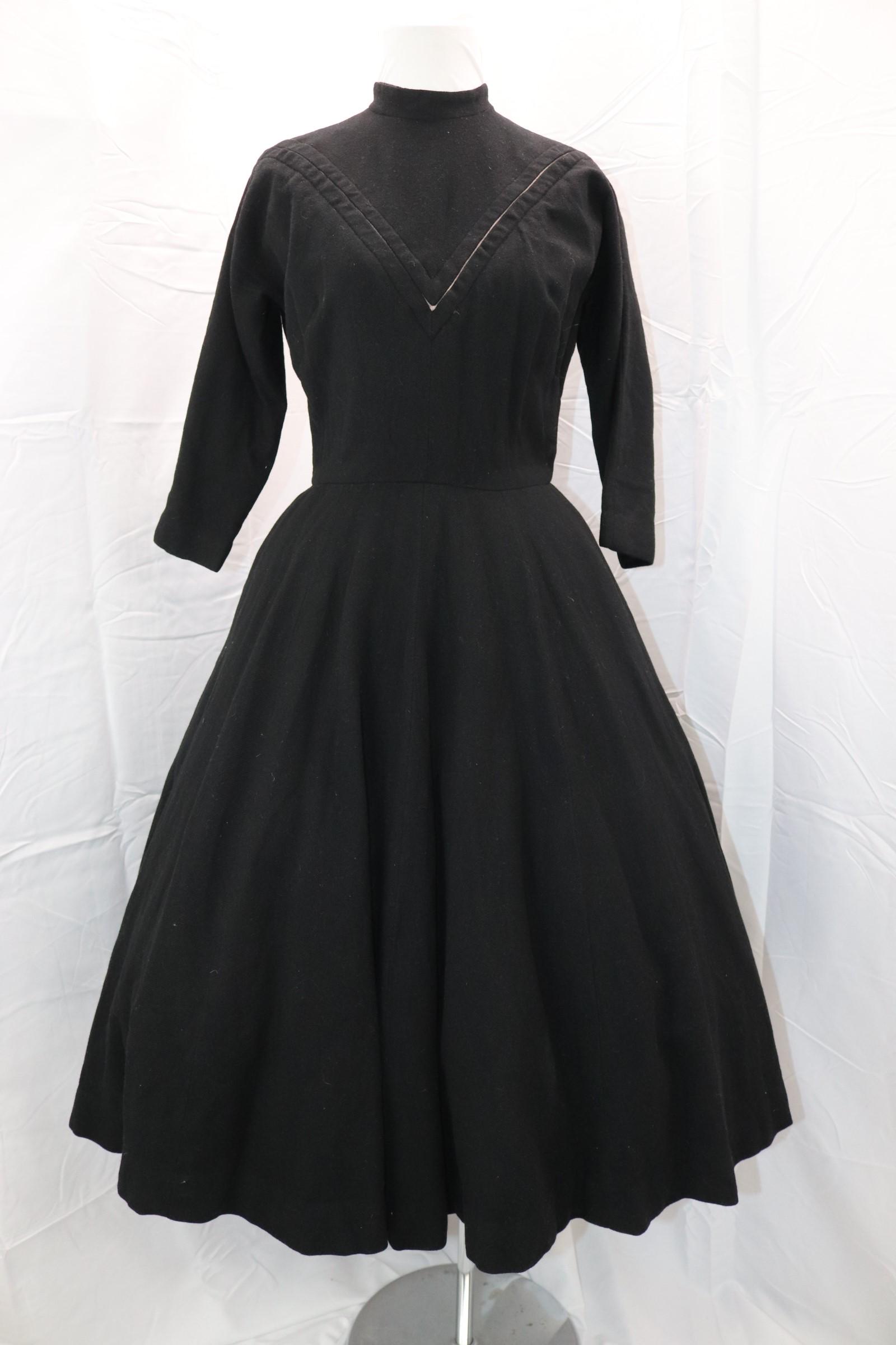 Vintage 1950's Madeline Fauth Wool Dress: circle skirt, V-shaped pleating on bodice, approx. 40 bust, 26 waist, good condition, see photos.