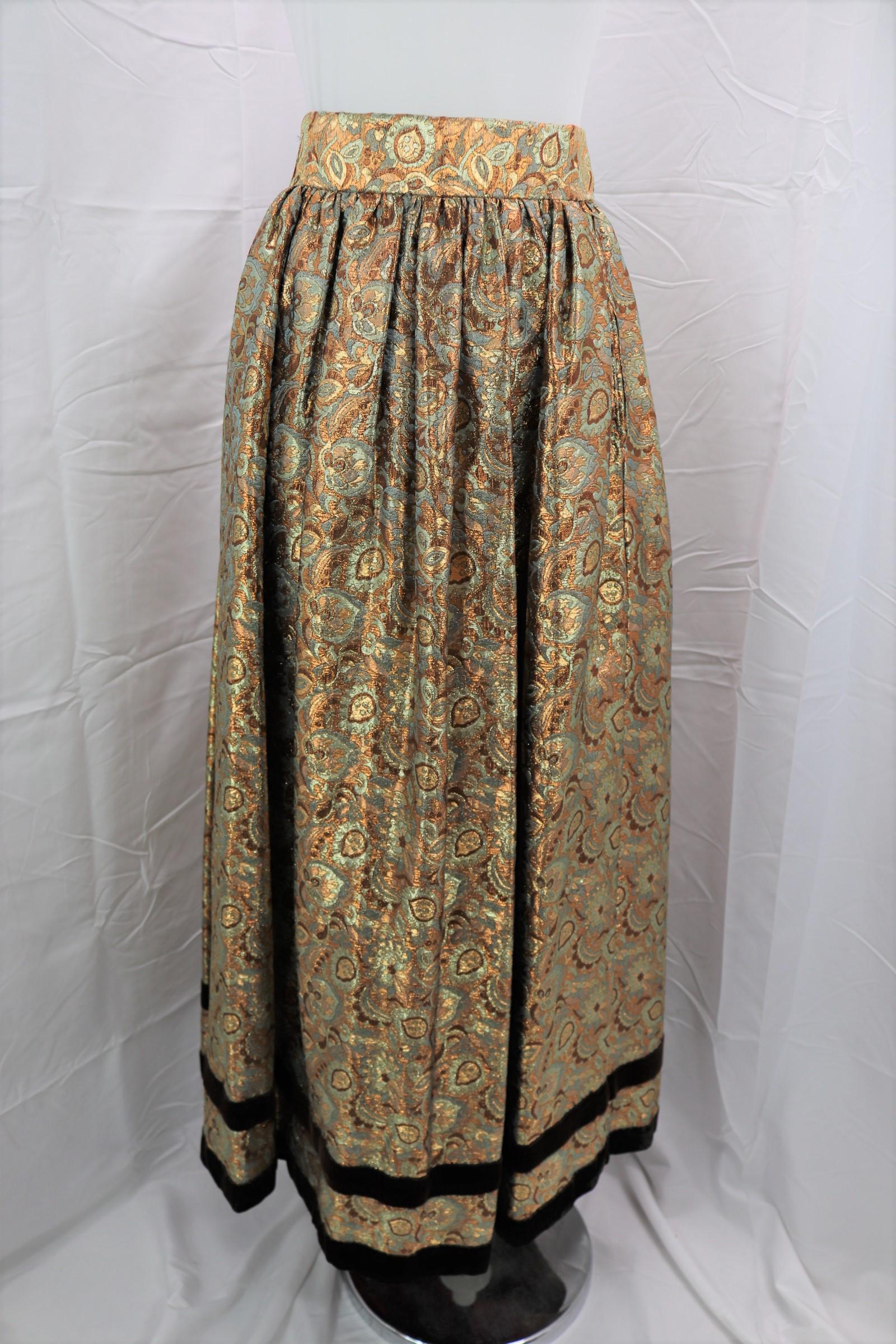 Vintage 1970's Metallic Tinsel Floral Maxi Skirt With Velvet Trim: approx. 29 waist, good condition, see photos.