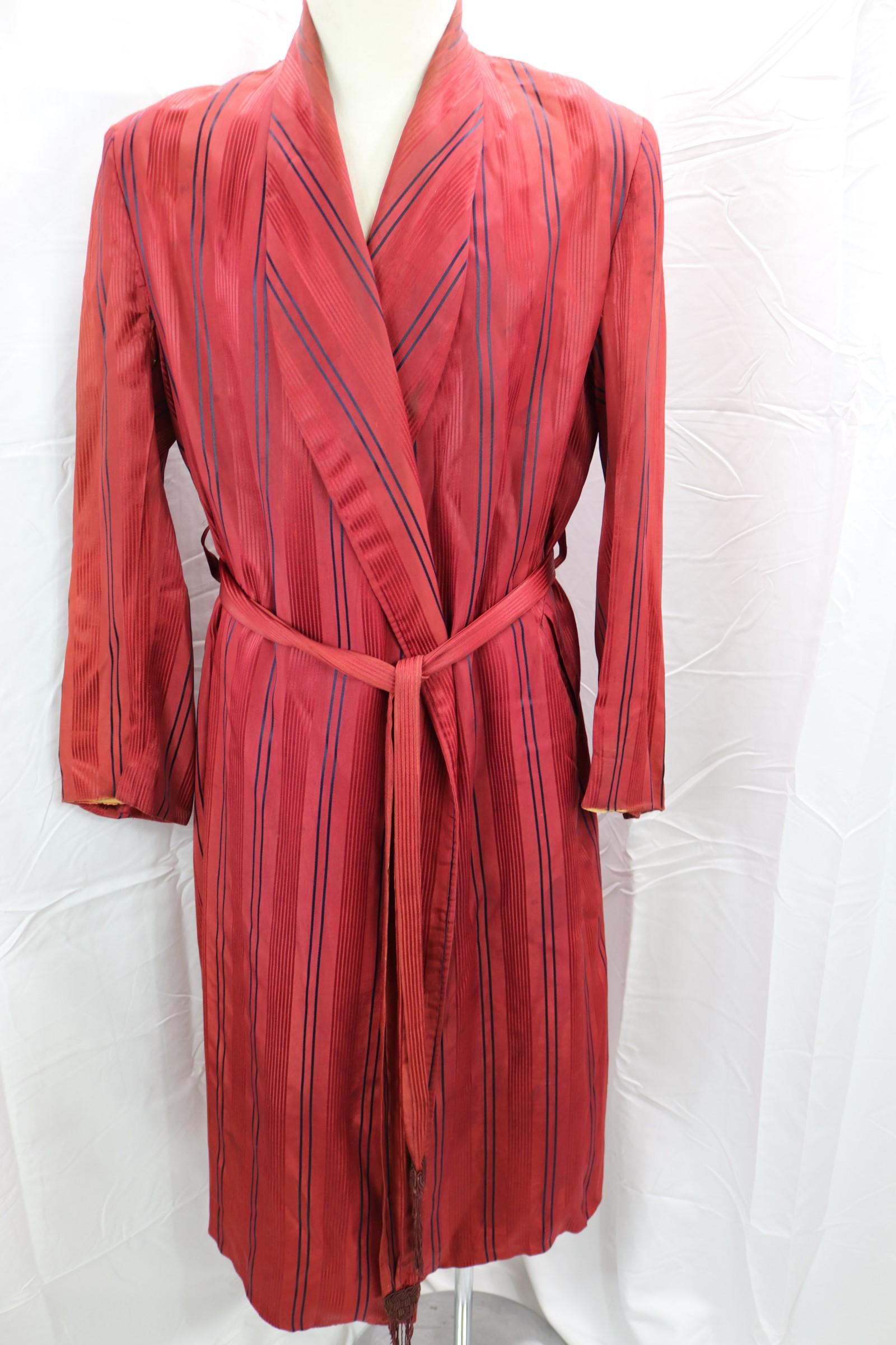 Vintage Men's Red Silk Striped Robe: with waist tie, approx. 46 chest, has stains on lining and front, has tear on right underarm, see photos.