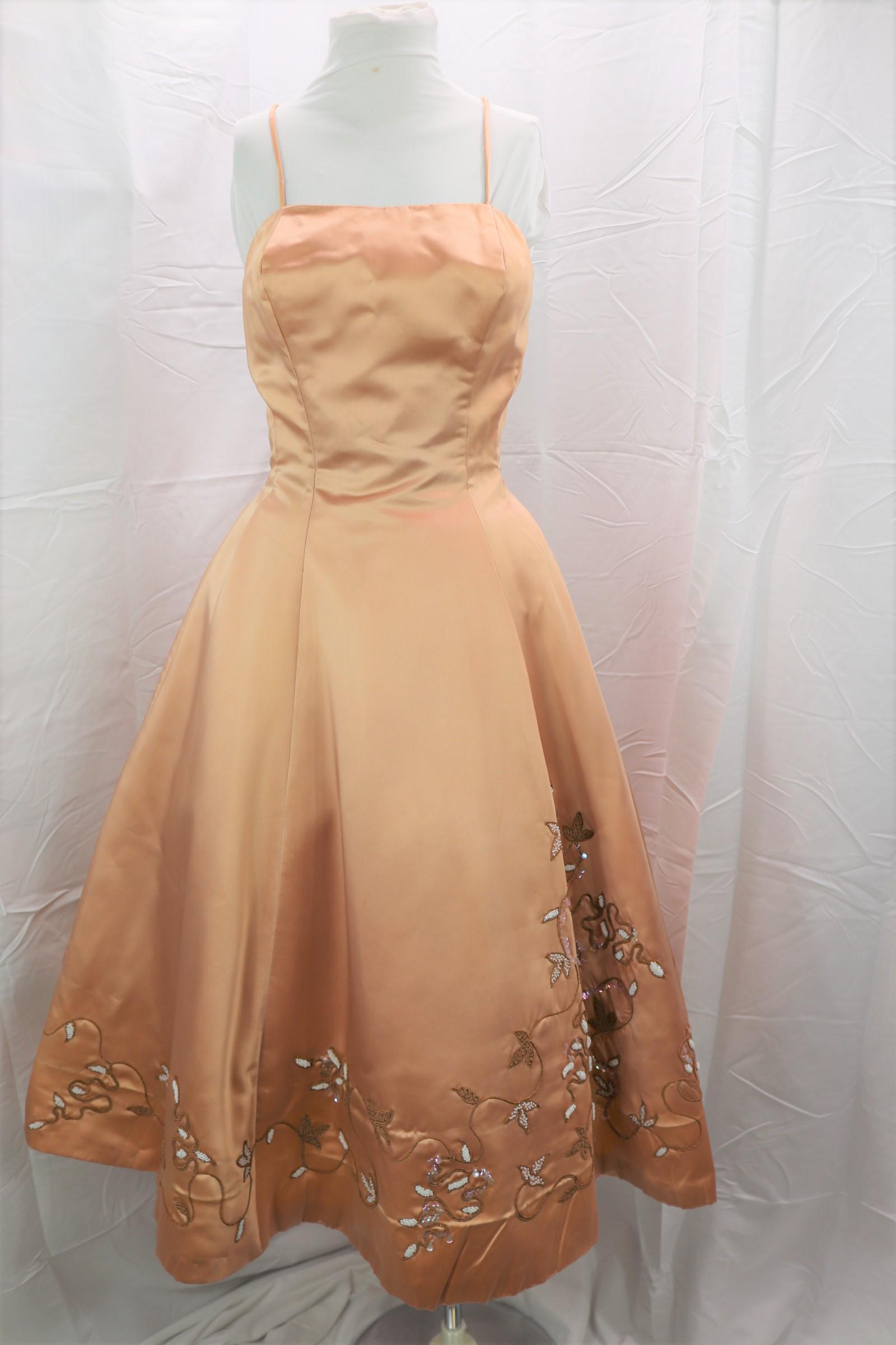Vintage 1950's Don Miguel Original Beaded Princess Dress: approx. 34 bust, 26 waist, has some pinholes , was previously hemmed but has been let back down, see photos.