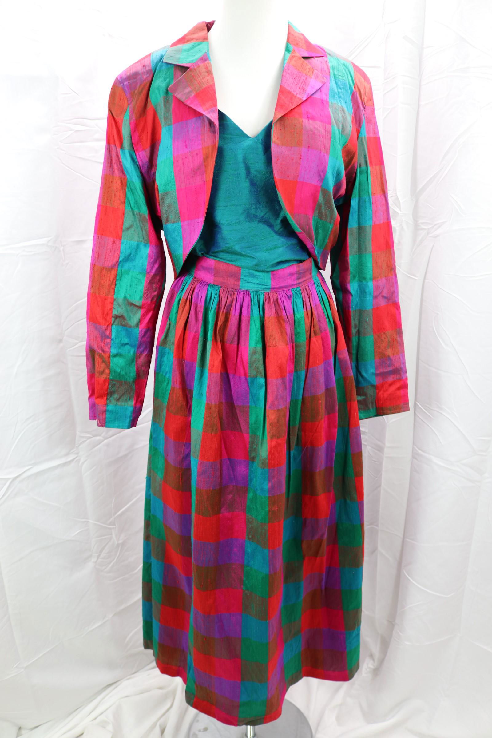 Vintage 1980's Monsoon 3PC Plaid Silk Skirt, Tank Top, & Jacket Set (1 of 6)