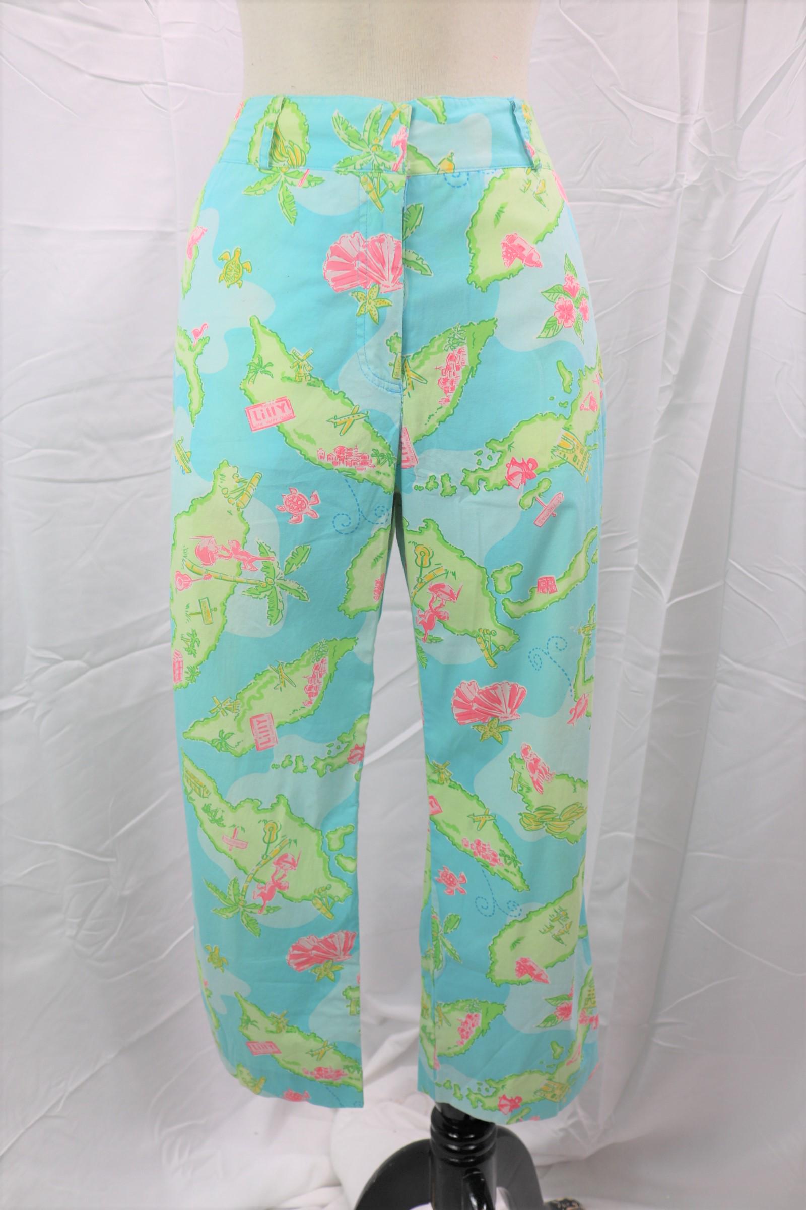 Vintage Lily Pulitzer Puerto Rico Print Capris: approx. 34 waist, 38 waist, 23 inseam, good condition, see photos.