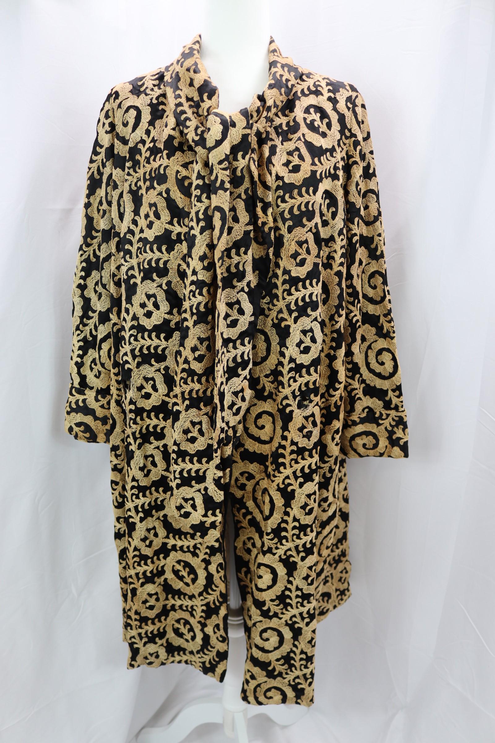 Vintage 1920's Black Coat With Golden Embroidery Detail: approx. 42 bust/waist, has tears to lining, some stains, see photos.