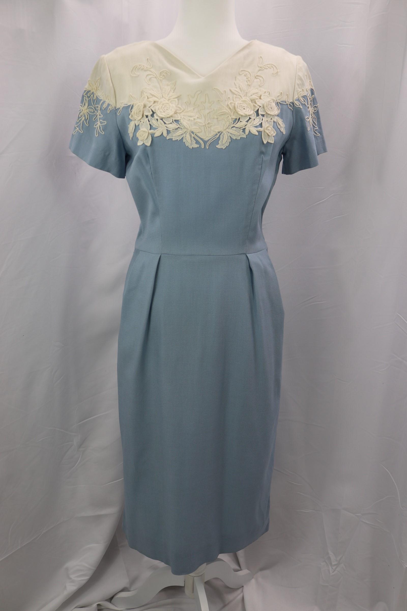 Vintage 1940's Original Franklin Blue Sheath Dress: with floral lace applique, approx. 38 bust, 28 waist, good condition, see photos.