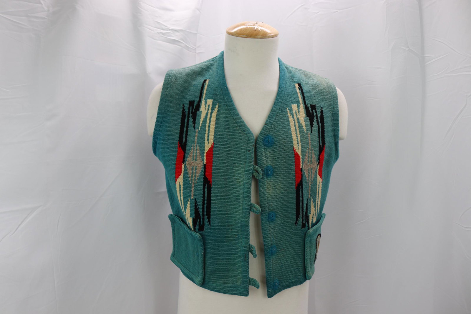 Vintage 1950's Men's Wool Chimayo Vest: approx. 42 chest, missing buttons, see photos for damages.