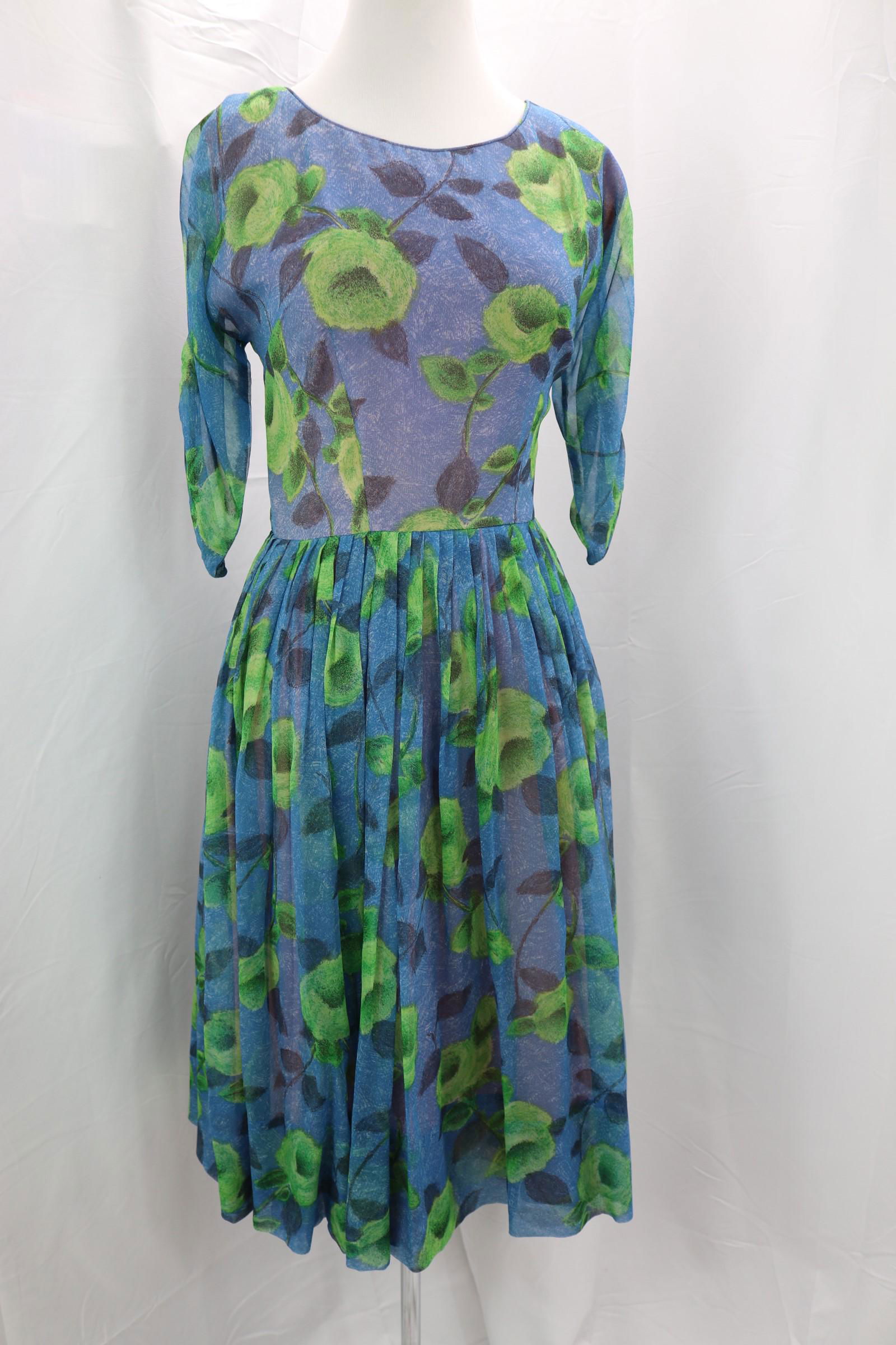 Vintage 1960's Lucinda of California Blue Pouf Dress with Green Roses (1 of 6)