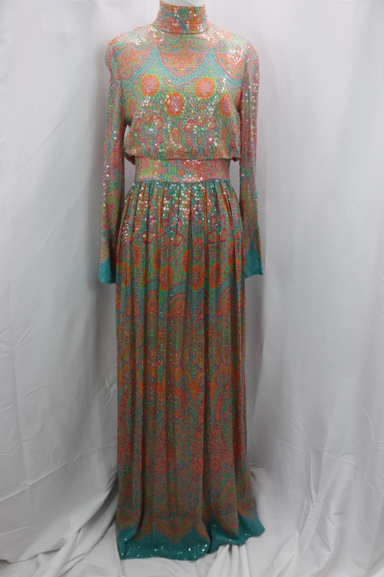 Vintage 1970's Floral Print & Sequin Maxi Dress: approx. 34 bust, 27 waist, some sequins may be loose or missing, see photos.