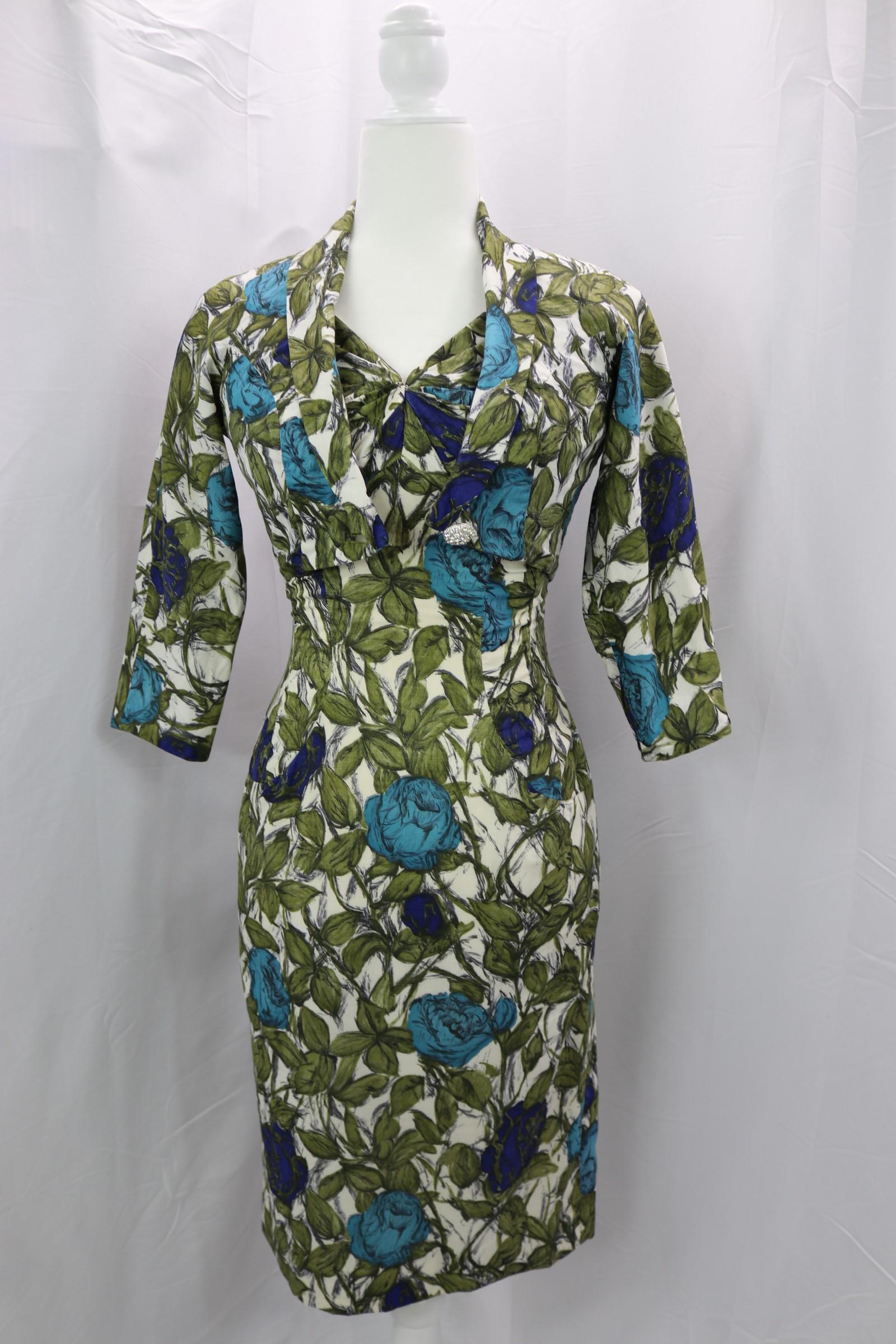 Vintage 1950's Jean of California Floral Print Dress & Crop Jacket: dress approx. 36 bust, 24 waist, jacket approx. 34 bust, good condition, see photos.