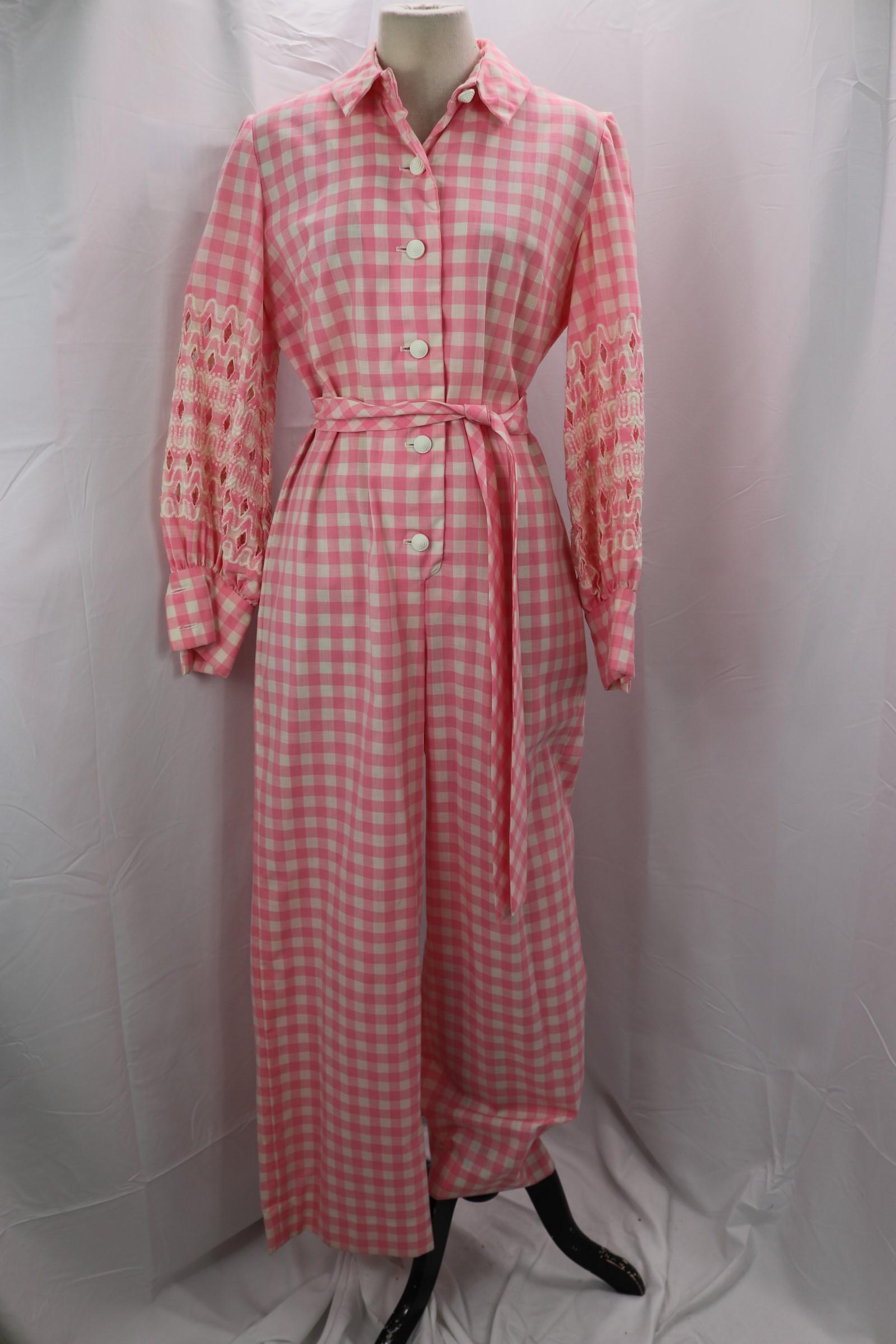 Vintage 1960's Lane's Pink Gingham Check Jumpsuit: old store stock, has eyelet & embroidery detail on sleeves, matching waist tie, approx. 40 bust, 36 waist, good condition, see photos.