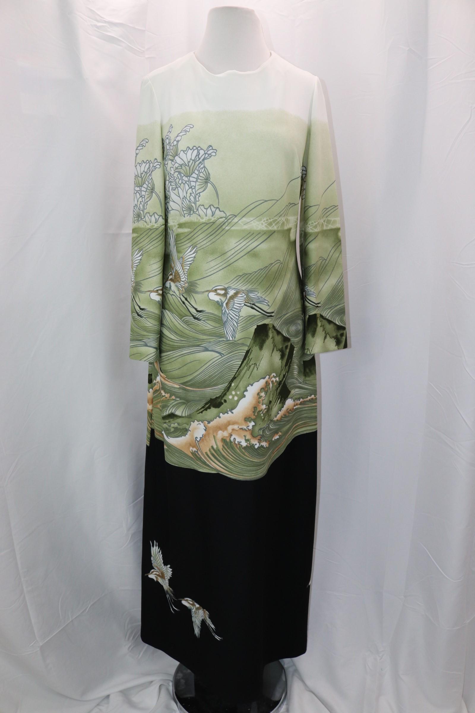 Vintage 1970's Rontirre Heron/Ocean Print Maxi Dress: approx. 36 bust, 34 waist, good condition, see photos.