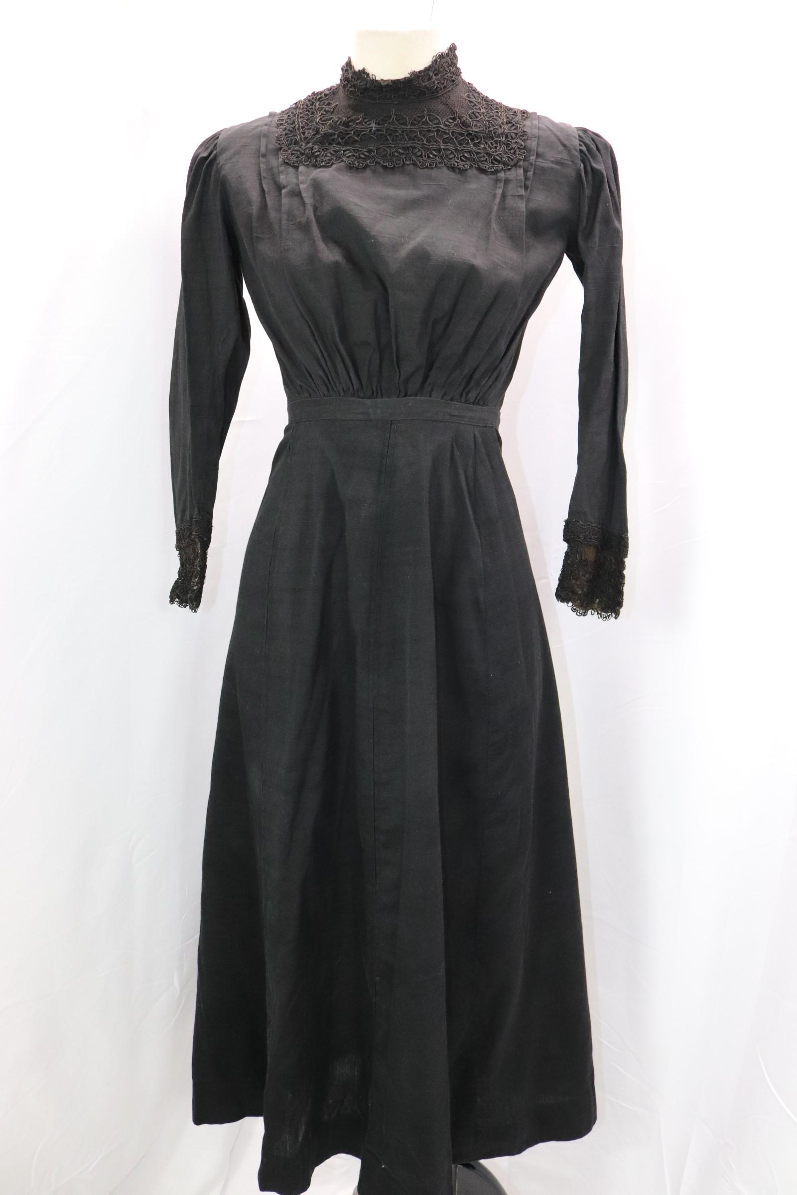 Antique Edwardian Black Cotton Mourning Dress: separate skirt & bodice, bodice has corde trim, approx. 34 bust, 24 waist, skirt approx. 26 waist, a couple small holes, see photos.