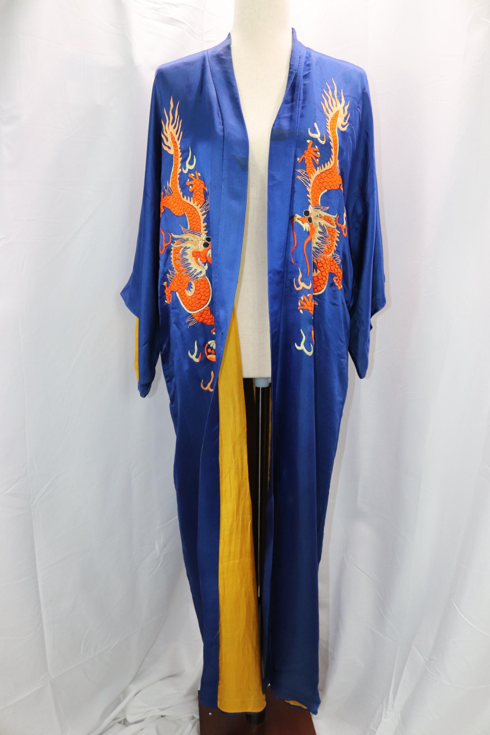 Vintage Blue Silk Robe With Dragon Embroidery: missing waist tie, approx. 46 chest/bust, see photos for stains/damages.