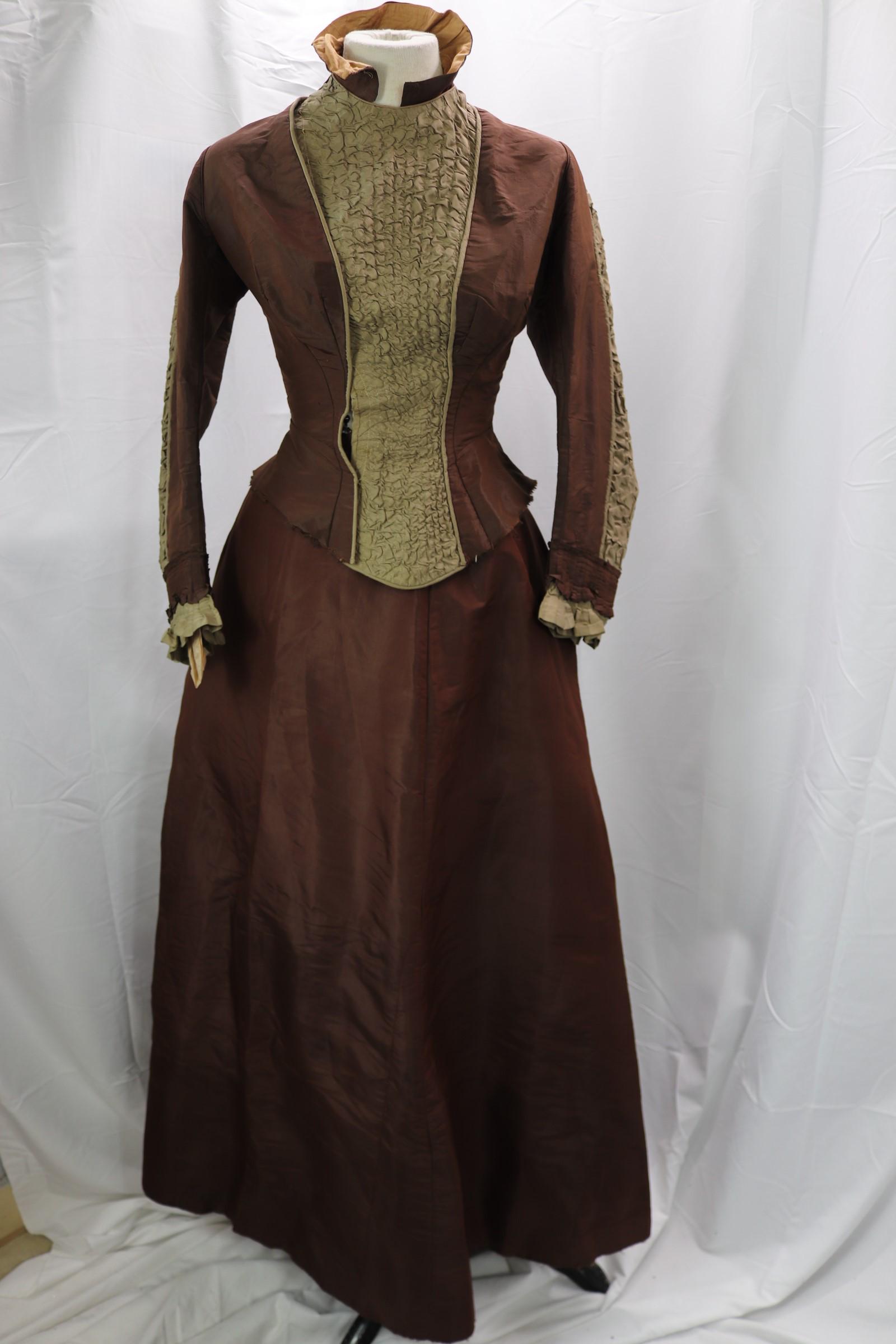 Antique 1880's Brown Taffeta Bodice & Skirt Set: detachable collar, approx. 34 bust, 28 waist, has armpit discoloration, raw hem on bodice, see photos for damage on skirt.