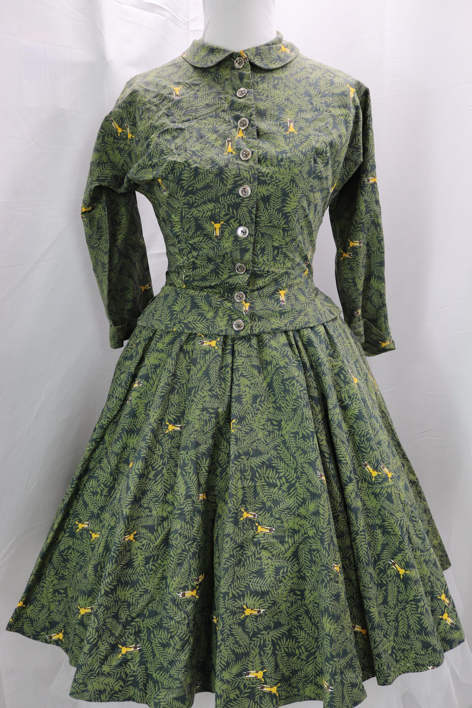 Vintage Johnathan Logan Antelope and Leaf Print Pouf Dress & Jacket: dress approx. 34 bust, 24 waist, jacket approx. 36 bust, 26 waist, good condition, see photos.