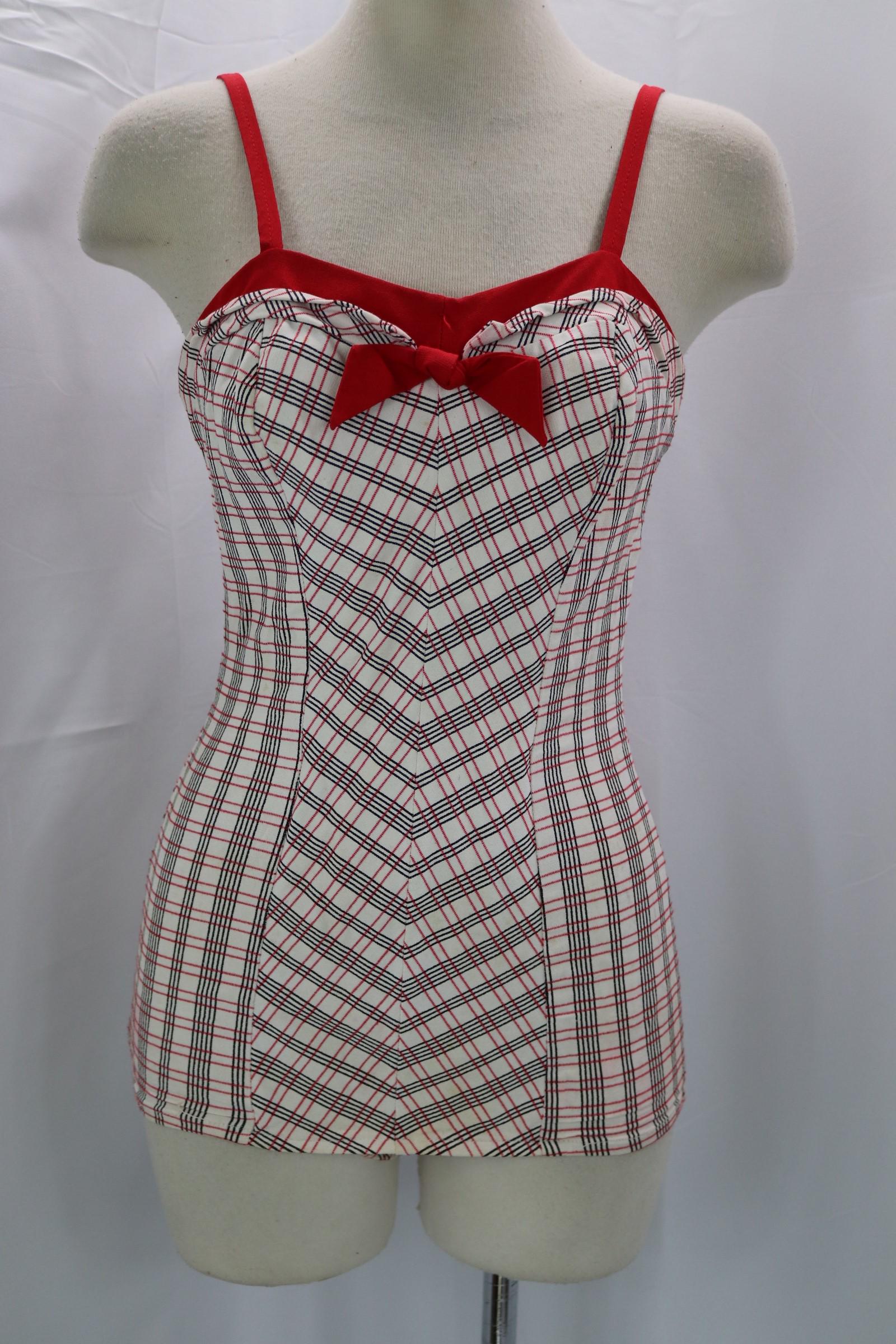 Vintage 1950's Red, White, & Black Bathing/Playsuit: approx. 34 bust, 26 waist, pink stains on inside, see photos.