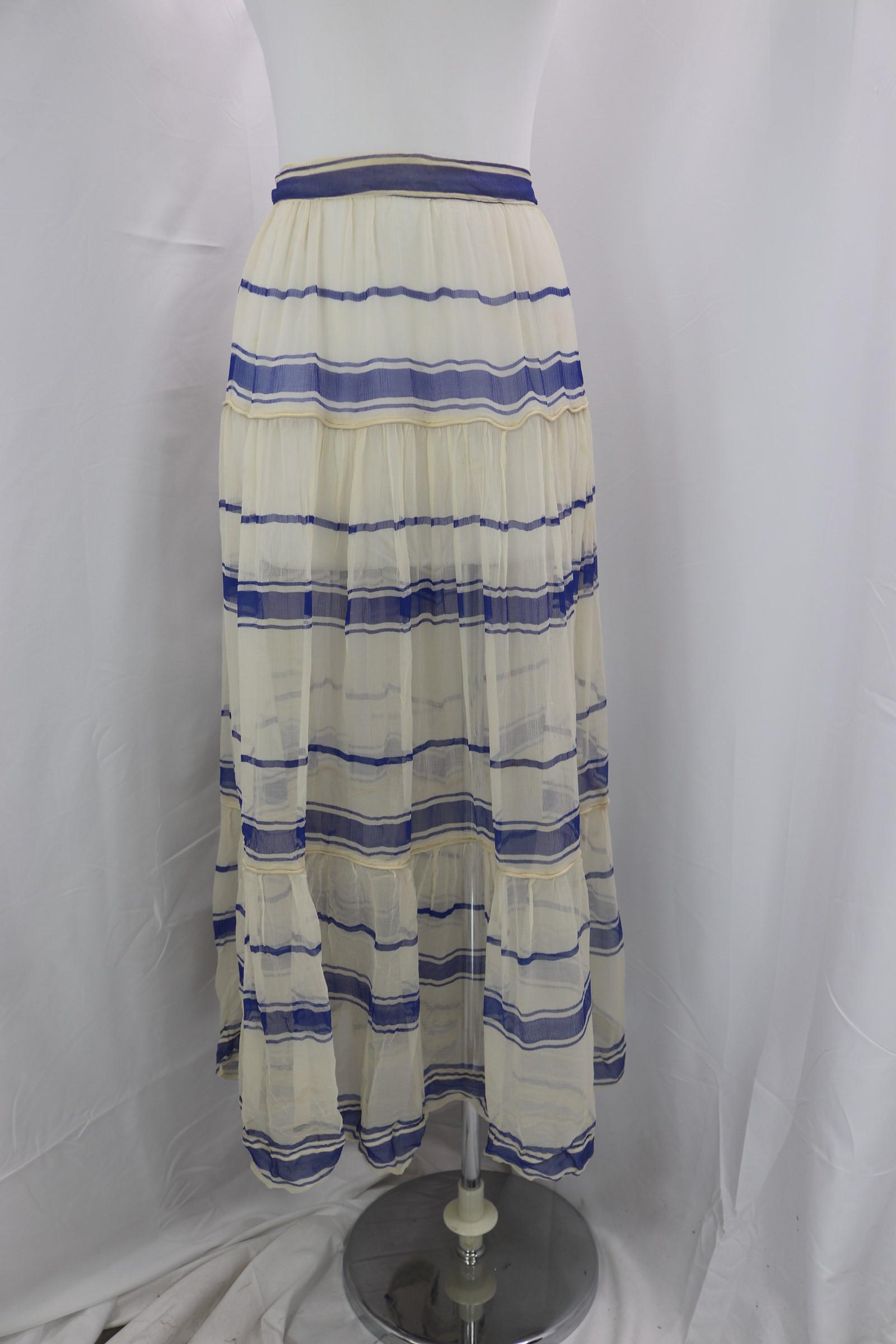 Antique Blue Striped Chiffon Skirt: approx. 34 waist, see photos for holes.