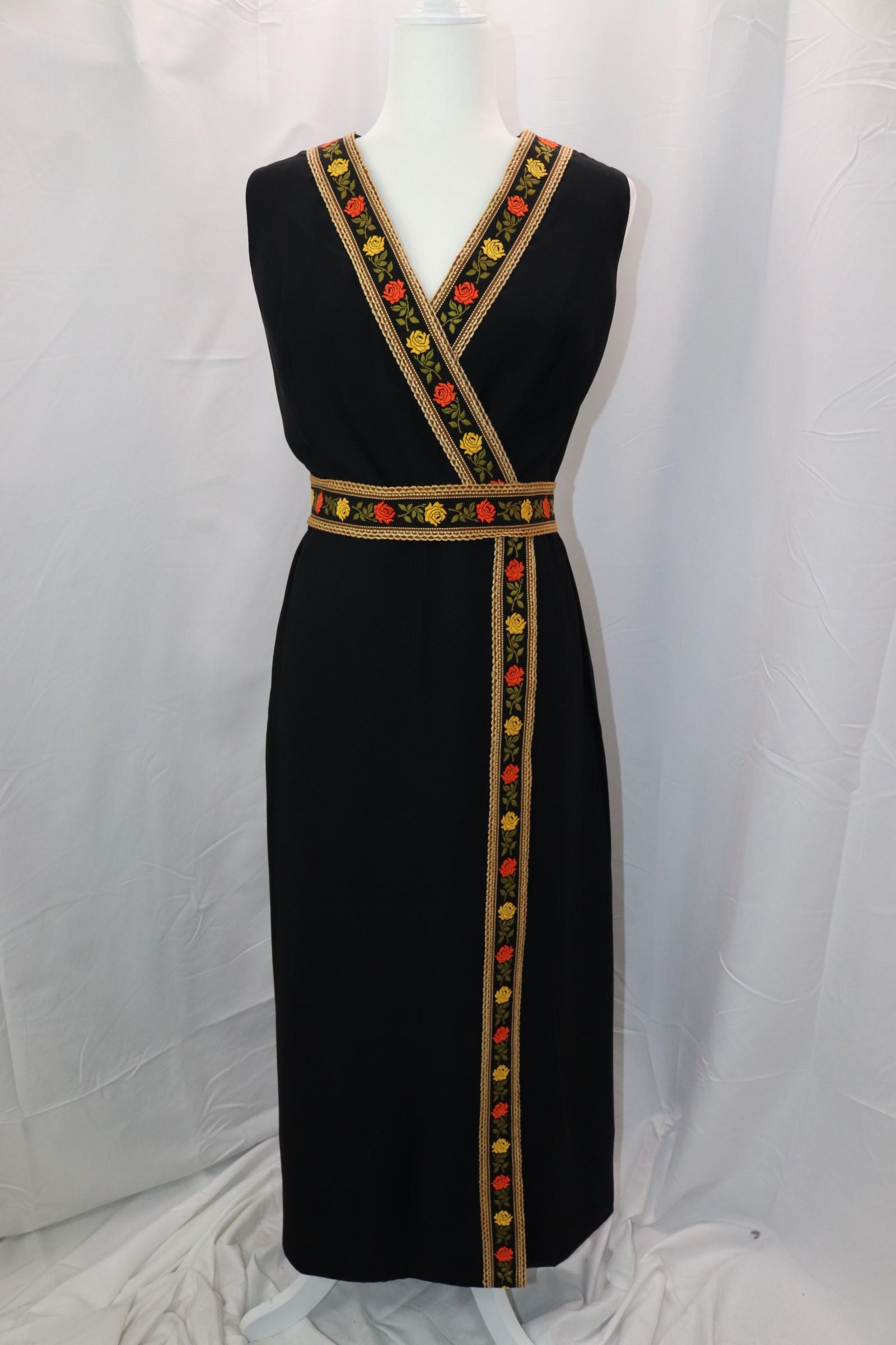 Vintage 1960's Wrap-Style Maxi Dress With Embroidered Floral Trim & Belt: approx. 42 bust, 32 waist, good condition, see photos.