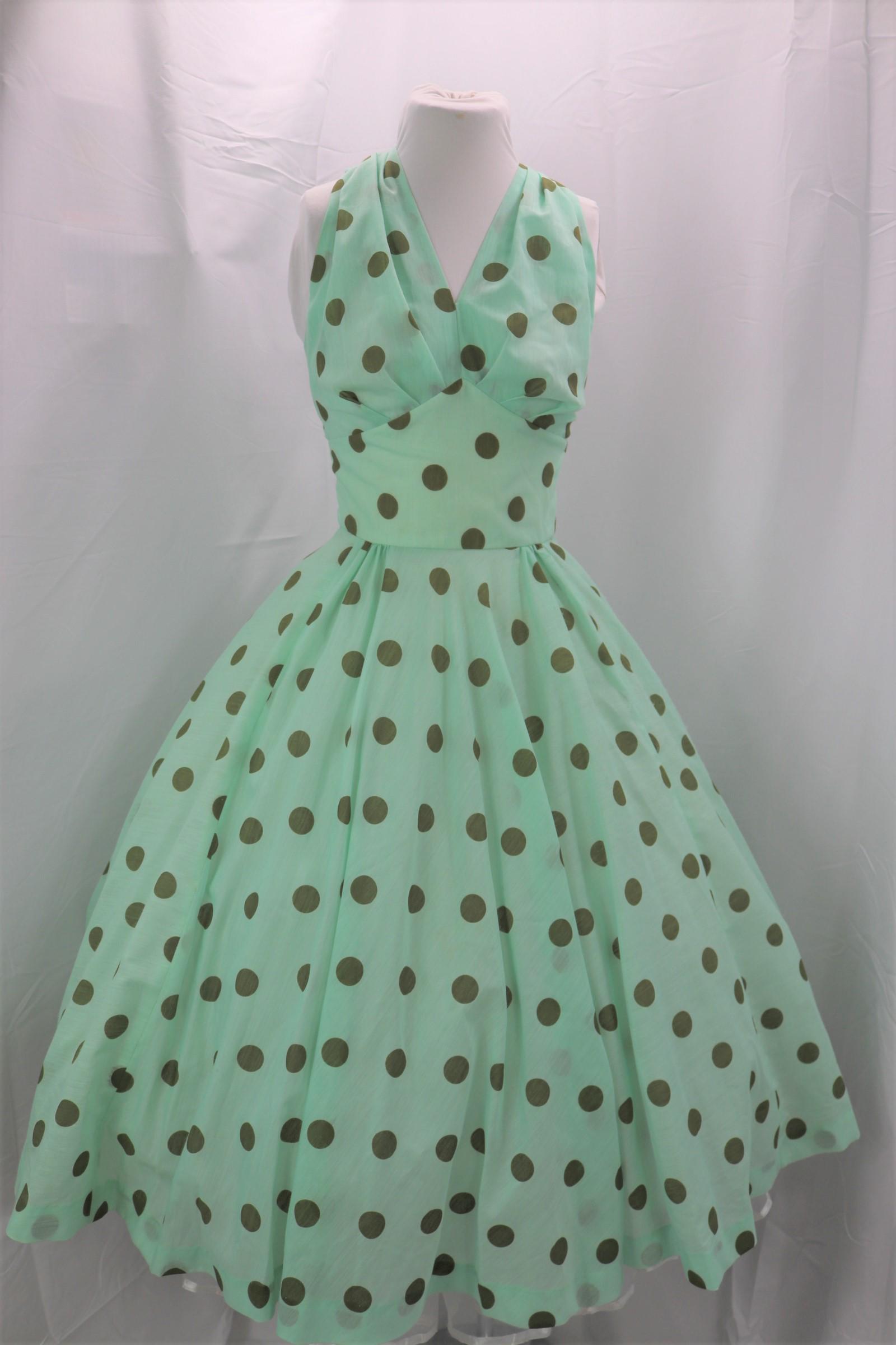 Vintage 1950's Madeline & Moore Polka Dot Fit & Flare Dress: approx. 34 bust, 24 waist, fabric is pilled, see photos.