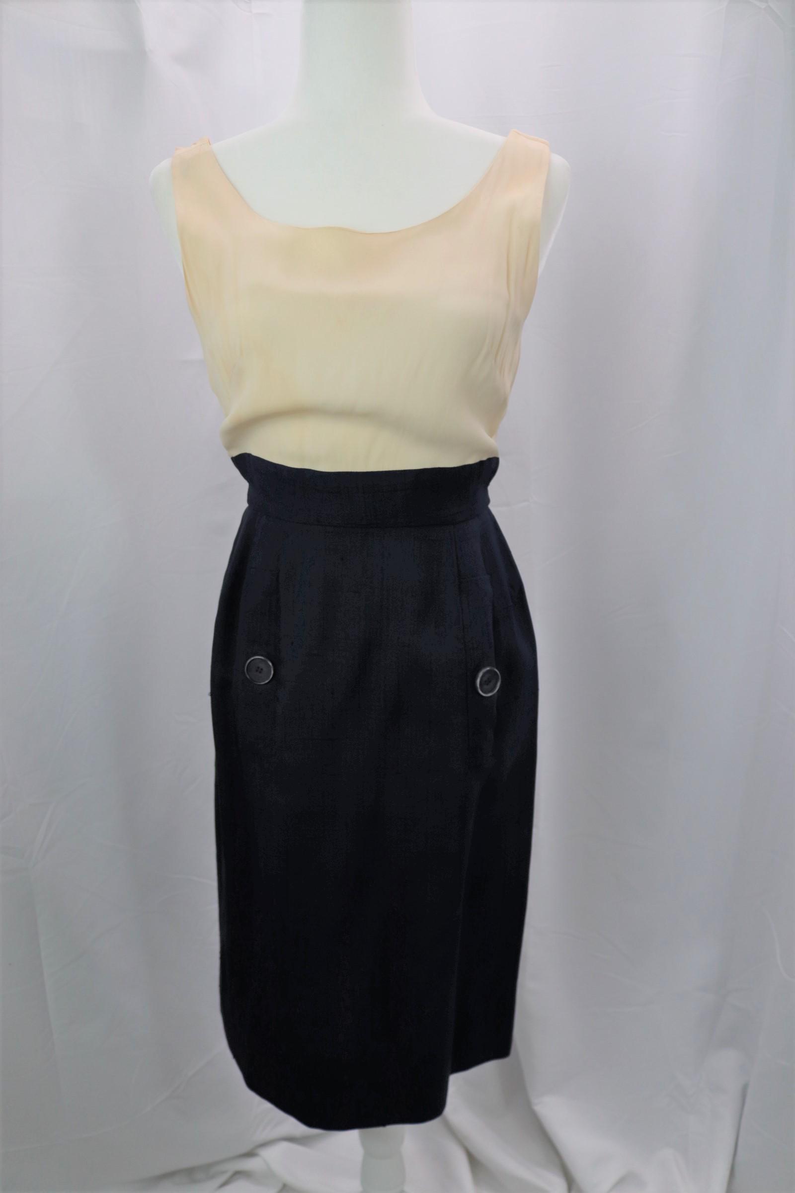 Vintage 1950's/60's Cream & Navy Sheath Dress: approx. 34 bust, 26 waist, see photos for holes/pulls and stain.