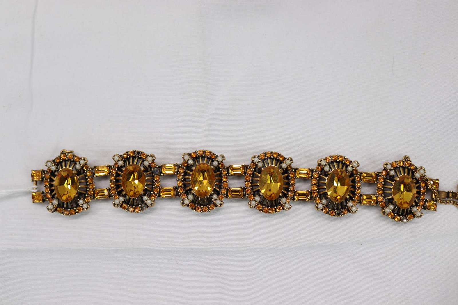 Vintage Tennis Bracelet with Pearl & Citrine Color Stones: approx. 7 inches, a few tiny stones missing