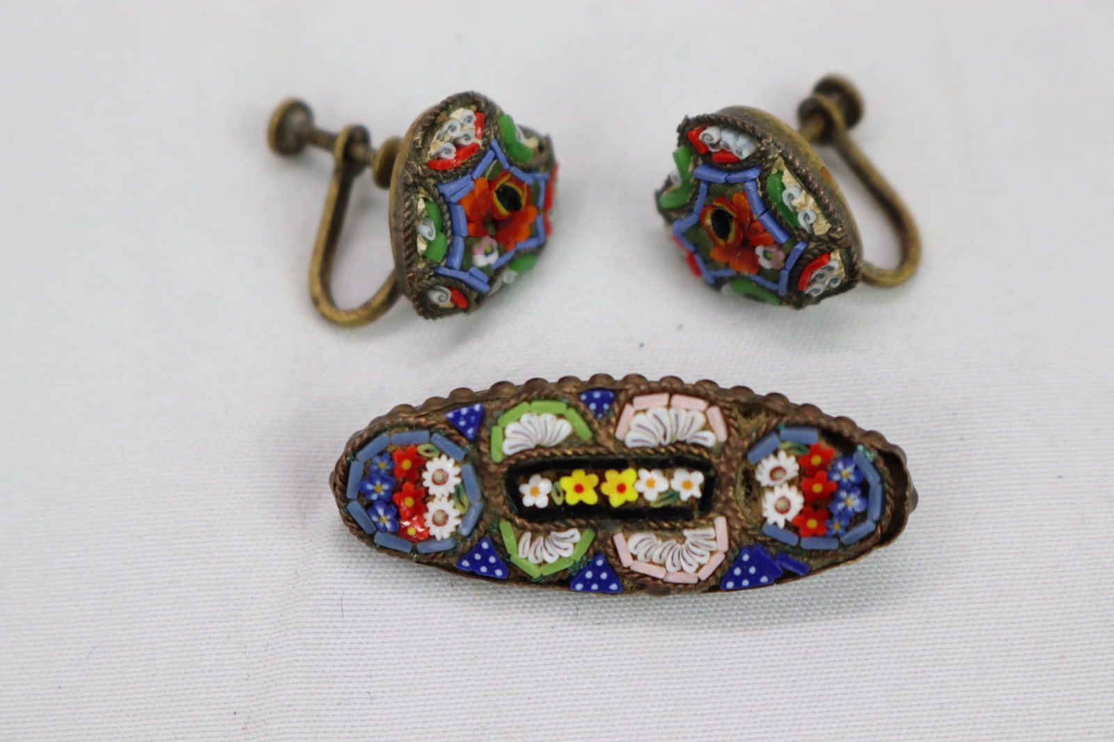 Vintage Italian Micro Mosaic Brooch & Screw-Back Earrings (1 of 6)
