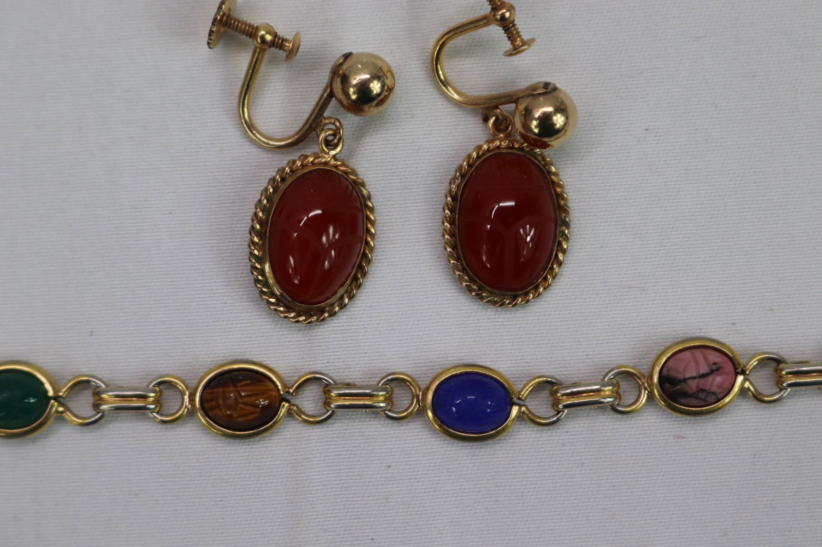 Vintage Gold Filled Scarab Bracelet & Screw-Back Dangle Earrings (1 of 6)