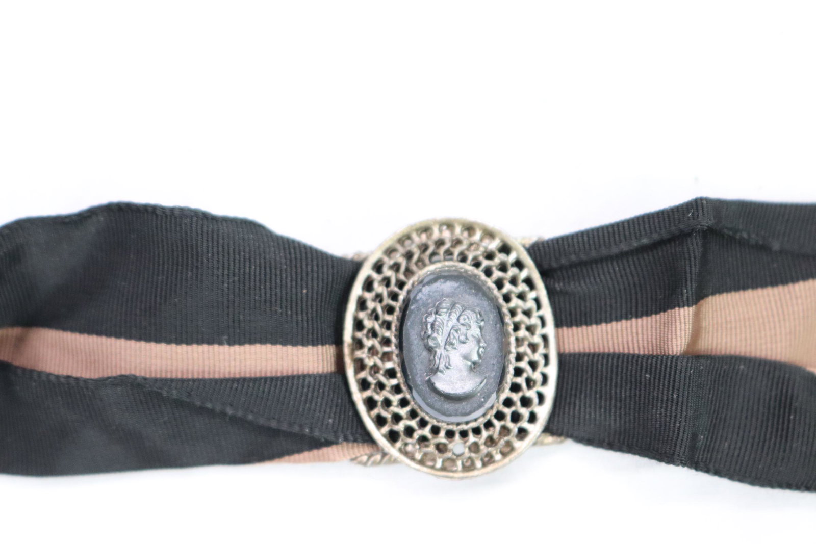 Antique Victorian Cameo Ribbon Choker: cameo approx. 1.5", ribbon approx. 23"