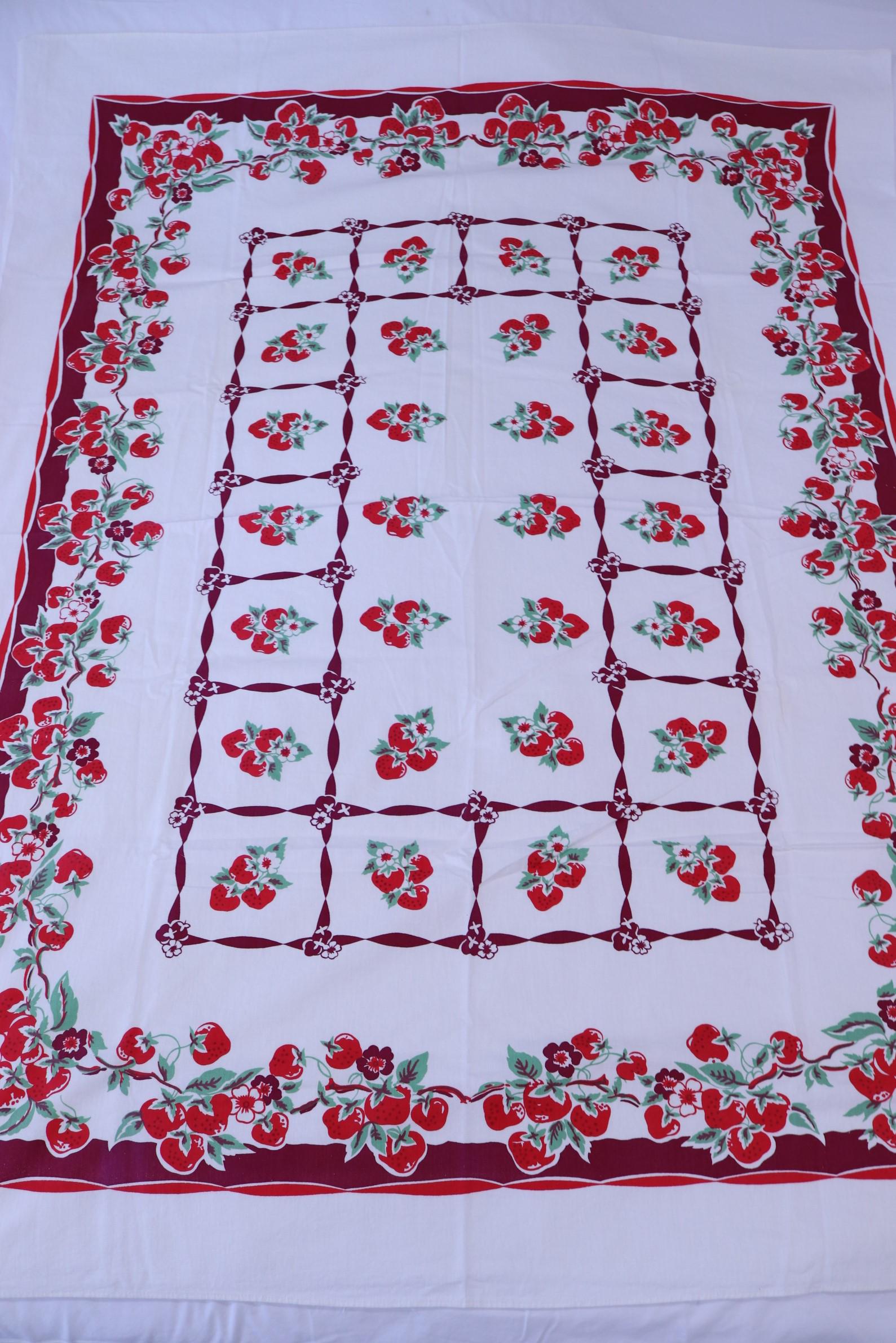Vintage 1940's Strawberry Print Cotton Tablecloth (1 of 4)