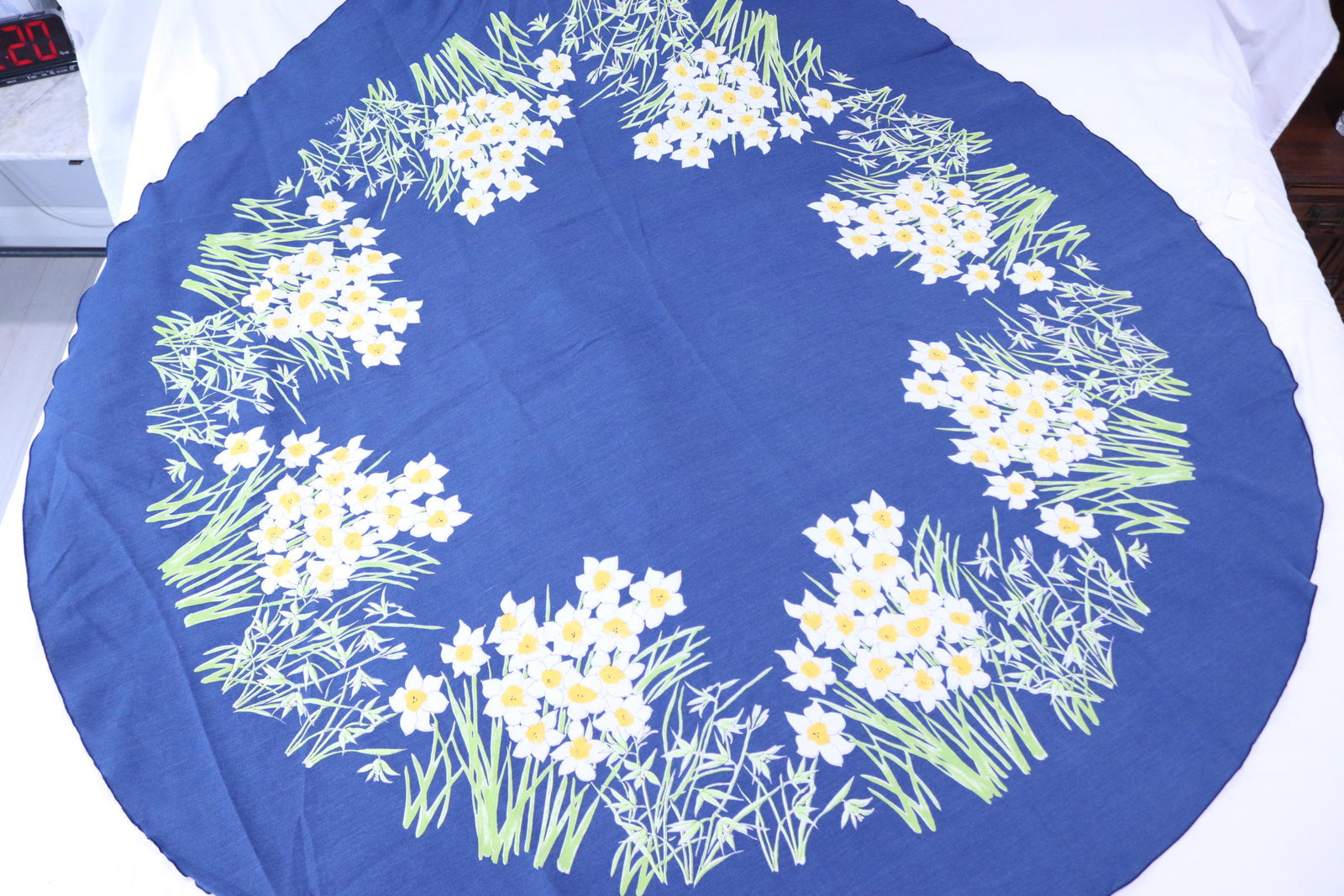 Vintage 1960's Vera Round Blue Daisy Print Tablecloth: approx. 68 inches, see photo's