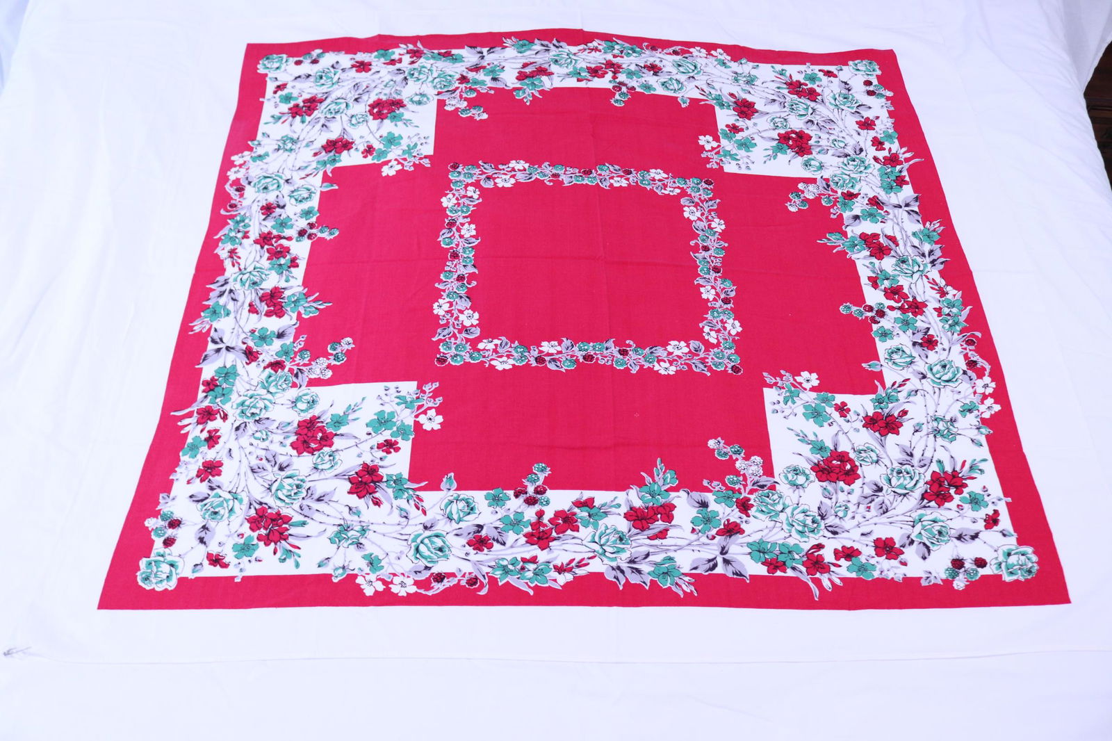 Vintage 1940's Red with Flowers & Raspberries Cotton Printed Table Cloth (1 of 6)