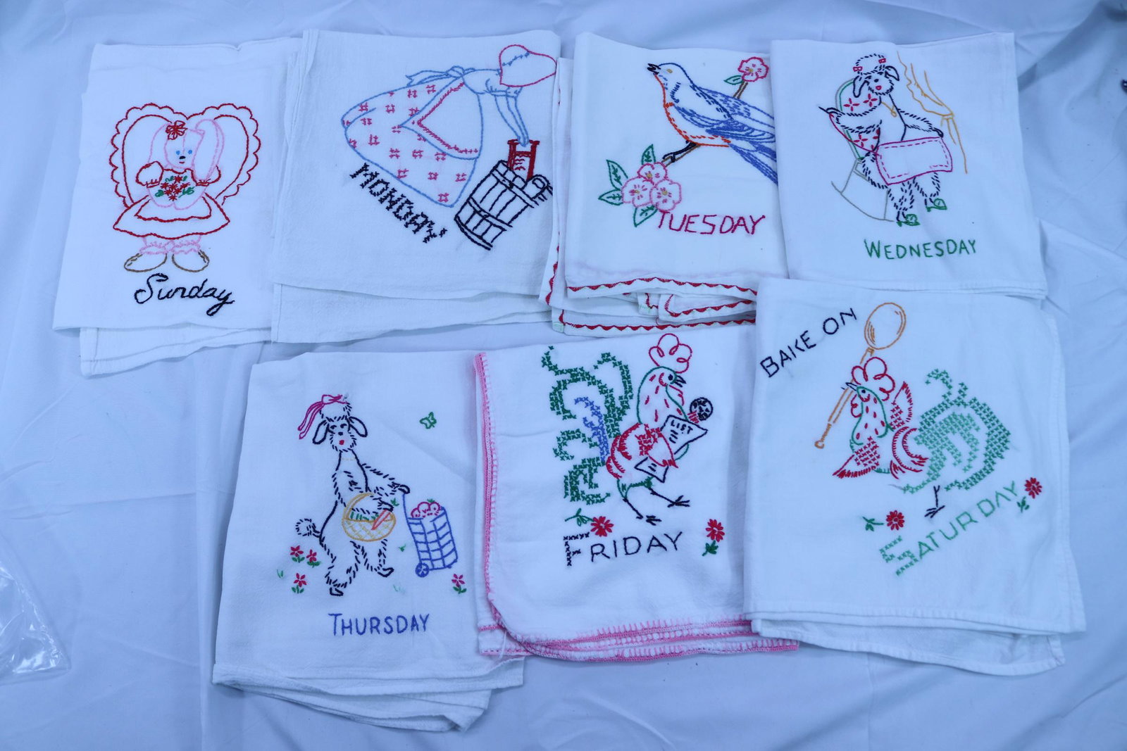 Lot of 7 Vintage 1940's Embroidered Days of The Week Flour Sack Towels: Monday-Sunday, see photos. New & lovingly used