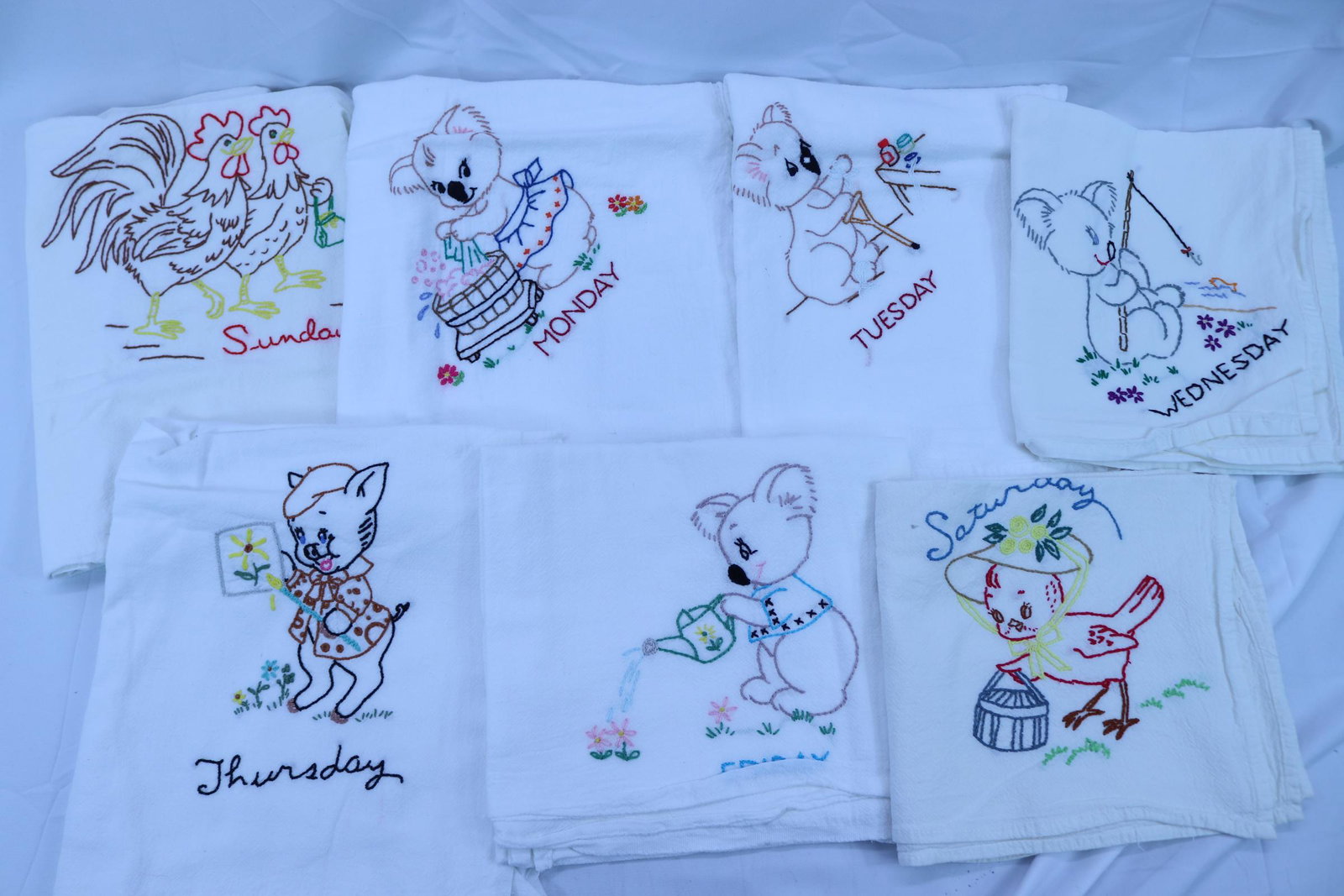 Lot of 7 Vintage 1940's Embroidered Days of The Week Flour sack Towels: Monday-Sunday, see photos. New & lovingly used