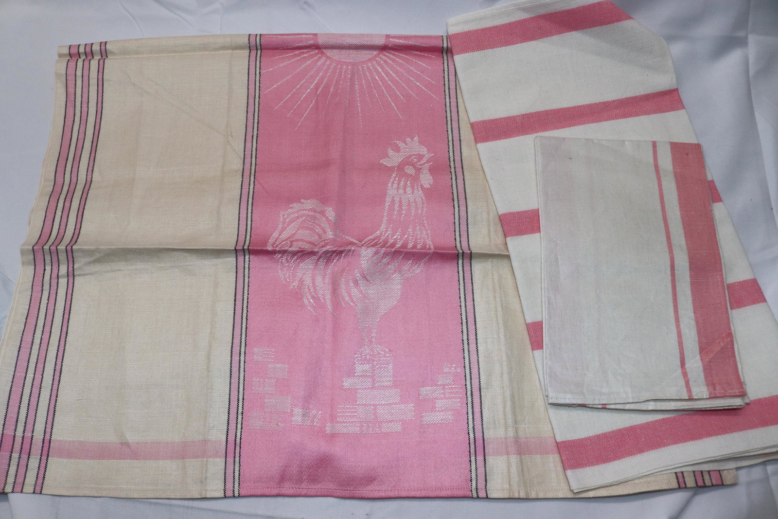 Lot of 3 Vintage Pink Striped Kitchen Towels: one with rooster, old store stock, hardy-craft original & others, see photo's