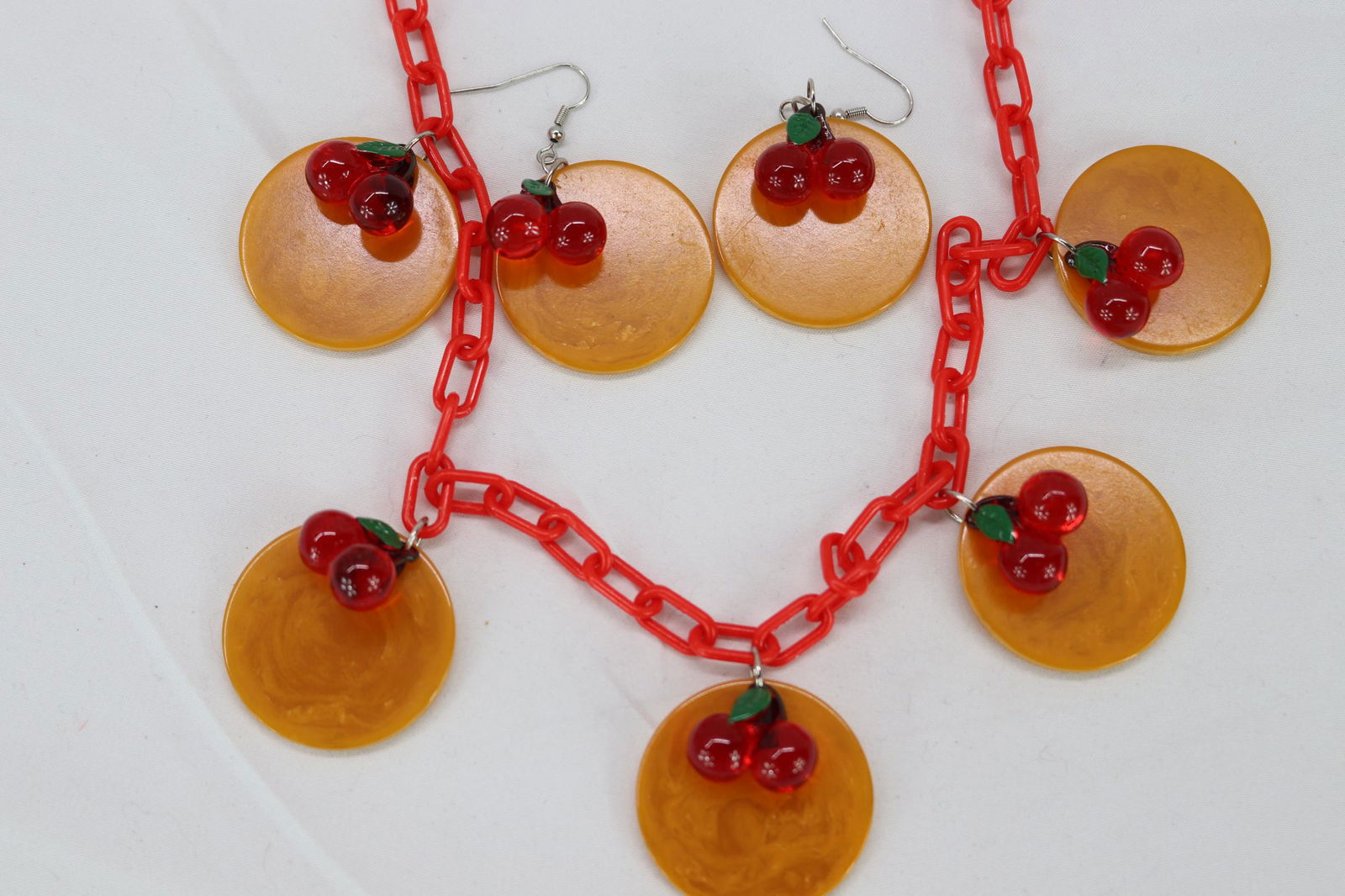 Vintage Orange & Red Necklace & Earrings Set With Cherries (1 of 4)