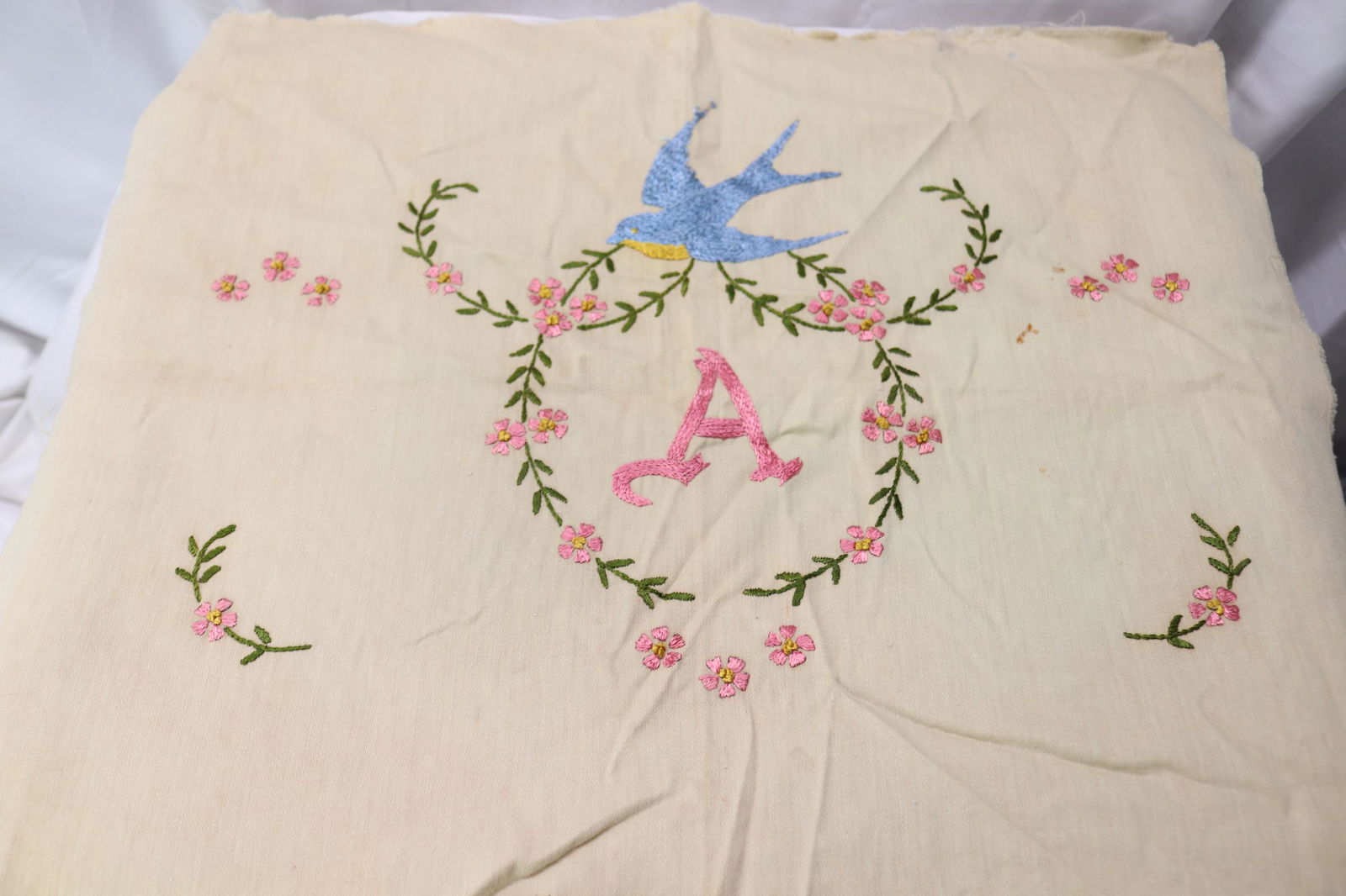 Vintage Victorian Silk Embroidered Pillow Top, Blue Bird (1 of 5)