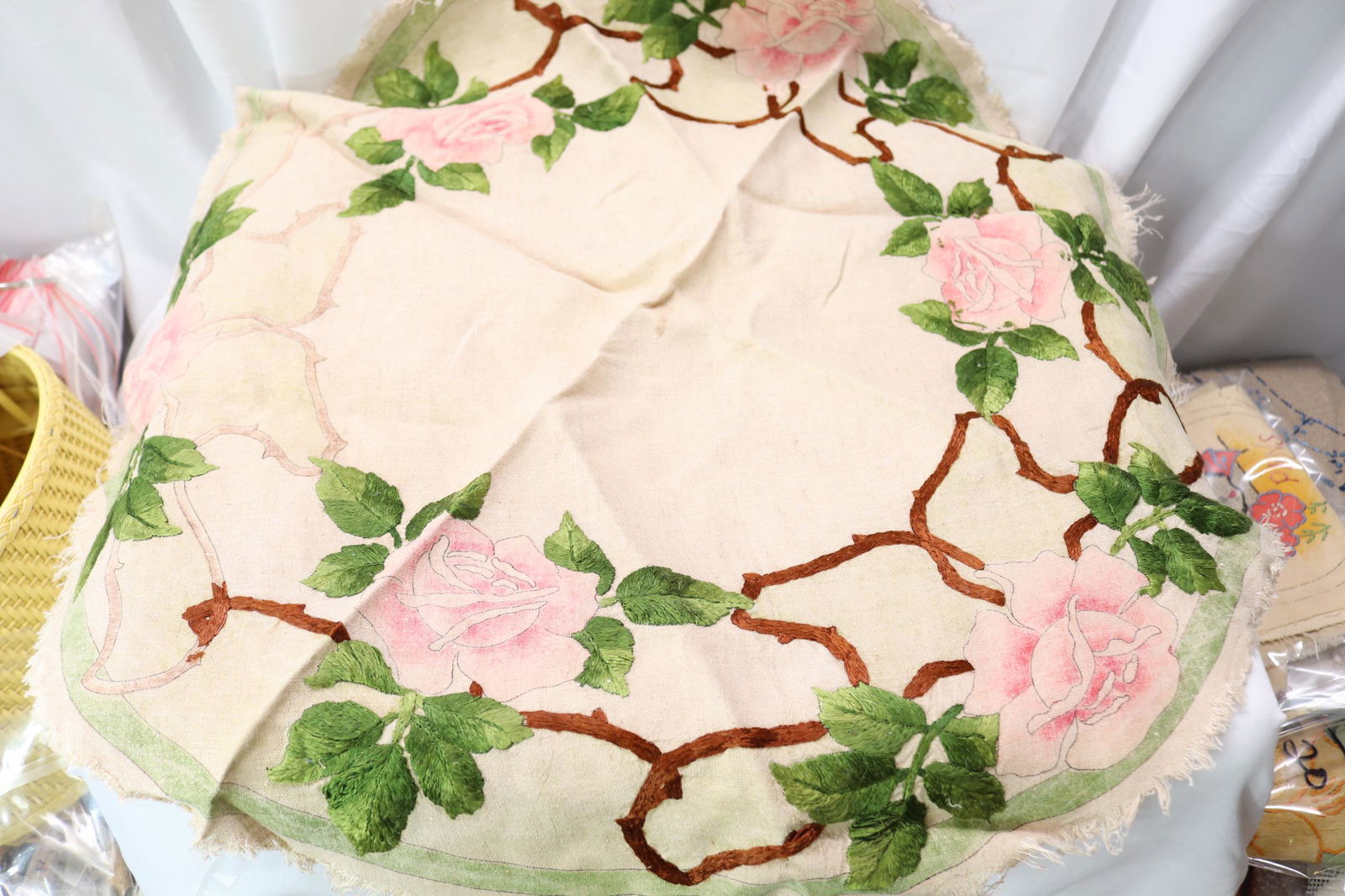 Victorian Color Dyed & Silk Embroidered Rose Round Table Toper (1 of 4)