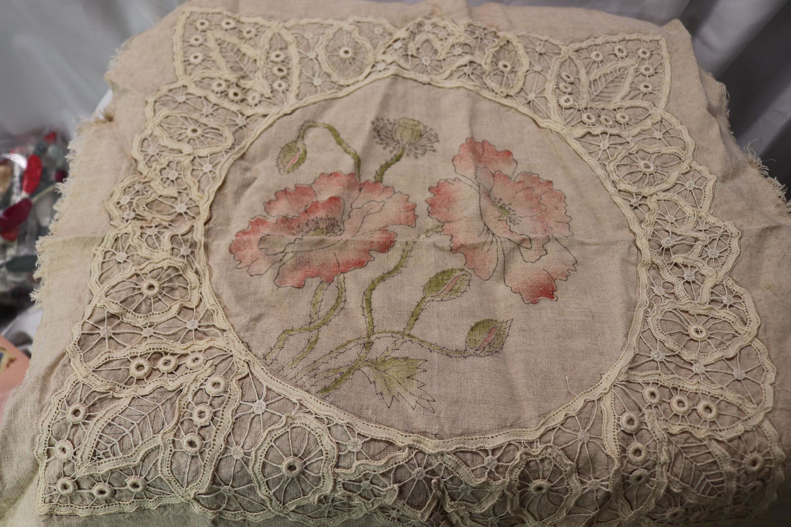 Victorian Embroidery Pillow Top with Lace Trim (1 of 3)
