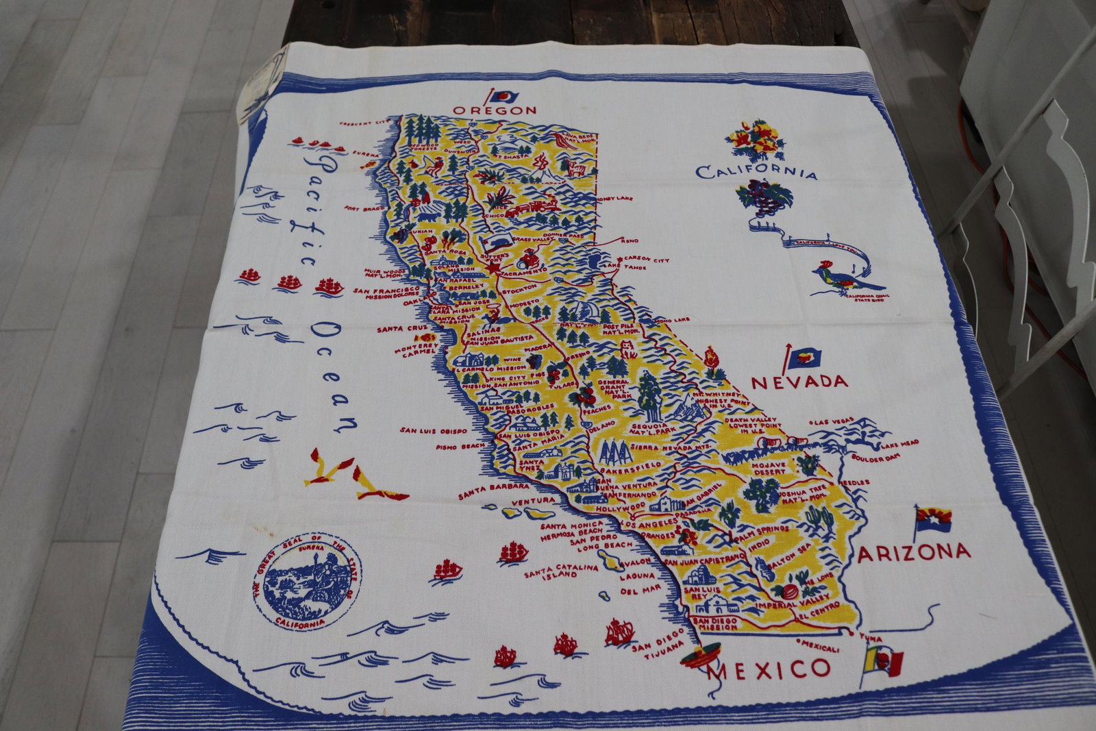 Vintage California Hand Prints Cotton California Map Tablecloth: vintage never used with original tag, 36 x 36, see photo's