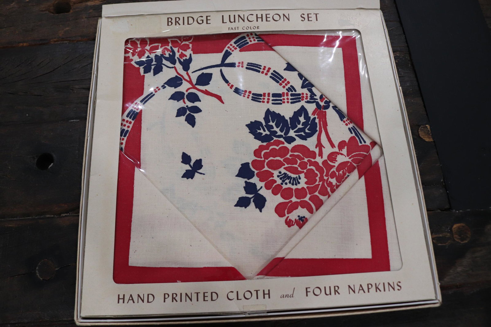 Vintage Hand Printed Bridge Luncheon Tblecloth & Napkin Set: vintage never used in original box, 34 x 34 tablecloth & 4 napkins